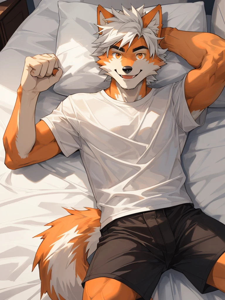 1man,Correct body structure,Correct finger structure,Correct pupil structure,single person, ((orange fur)), orange wolf, strong, white hair, smile, brown pupils, wolf tail, Medium length hair, In the bedroom, lying on the bed, white shirt, black shorts, teenagers