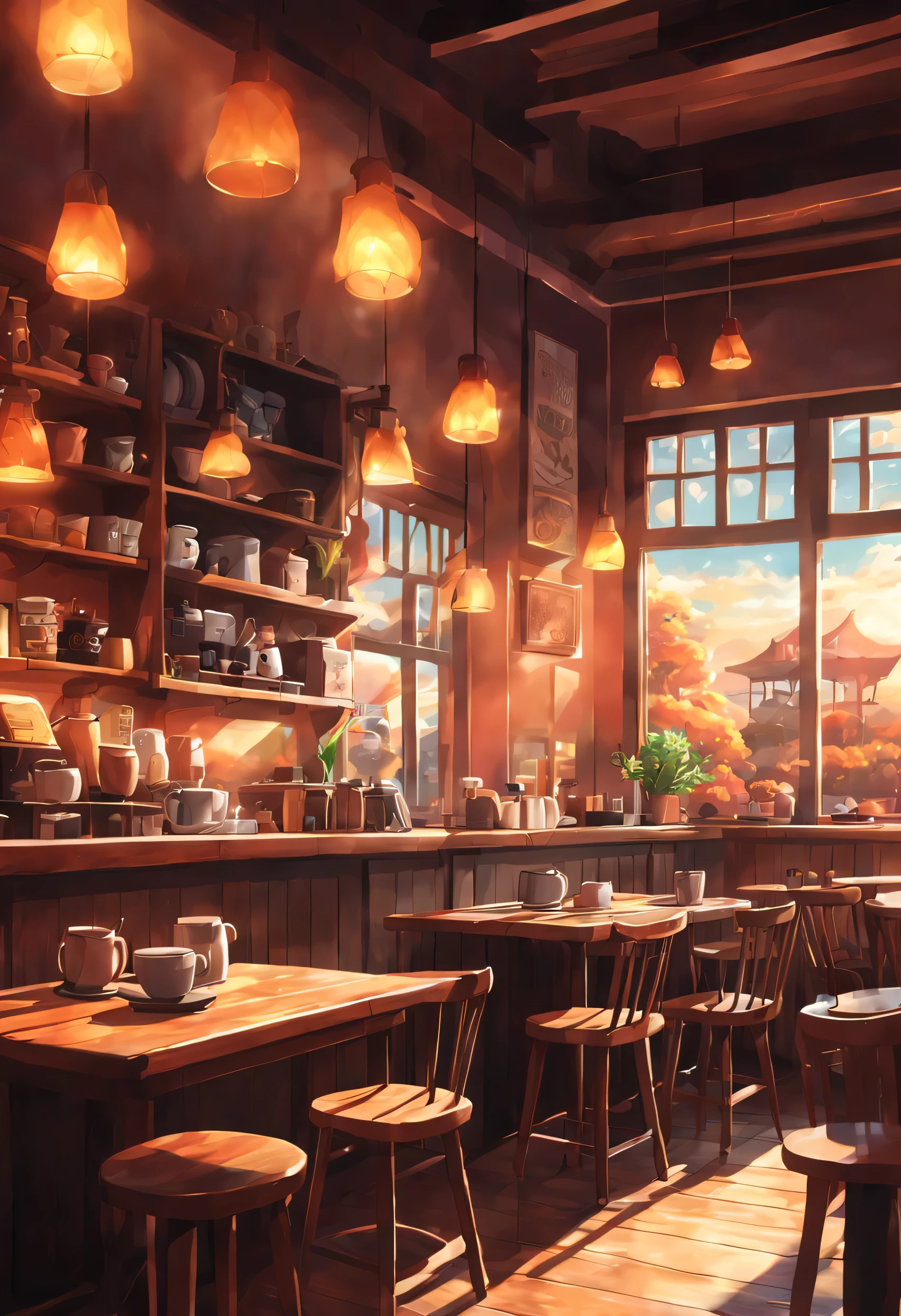 Anime-style, the interior of a coffee shop is illustrated with intricate details and vibrant colors. Delicate steam rises from the hot coffee cup on the table, adding to the cozy and inviting atmosphere. Soft lighting casts a warm and beautiful glow over the dreamy scene, making it an ideal place to unwind and escape reality. (Prompt B and C) Anime-style coffee shop interior, hot coffee steaming on the table, creating a cozy, beautiful and dreamy ambiance. (High resolution, 8k) Detailed anime illustration of a coffee shop interior, showcasing a hot cup of coffee on a table, evoking a warm and cozy
