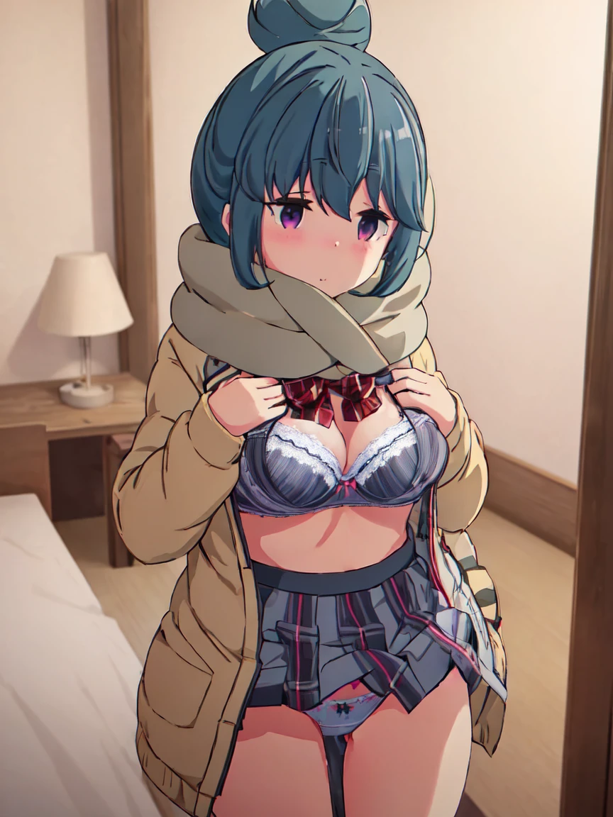 highest quality, masterpiece, High resolution, alone, {Shima_Also_yuru camp:1.15},( green_hair), purple_eye, closed_mouth, single_hair_good, hair_good, 1 girl, 前hair, blurry, blurry_background, (Motosu High School Girls Uniform Winter Clothes:1.3、Grey plaid skirt)、small breasts:1.3,(Opening her chest and showing her bra:1.3)、(lift up skirt:1.3、cute panties)、suite room