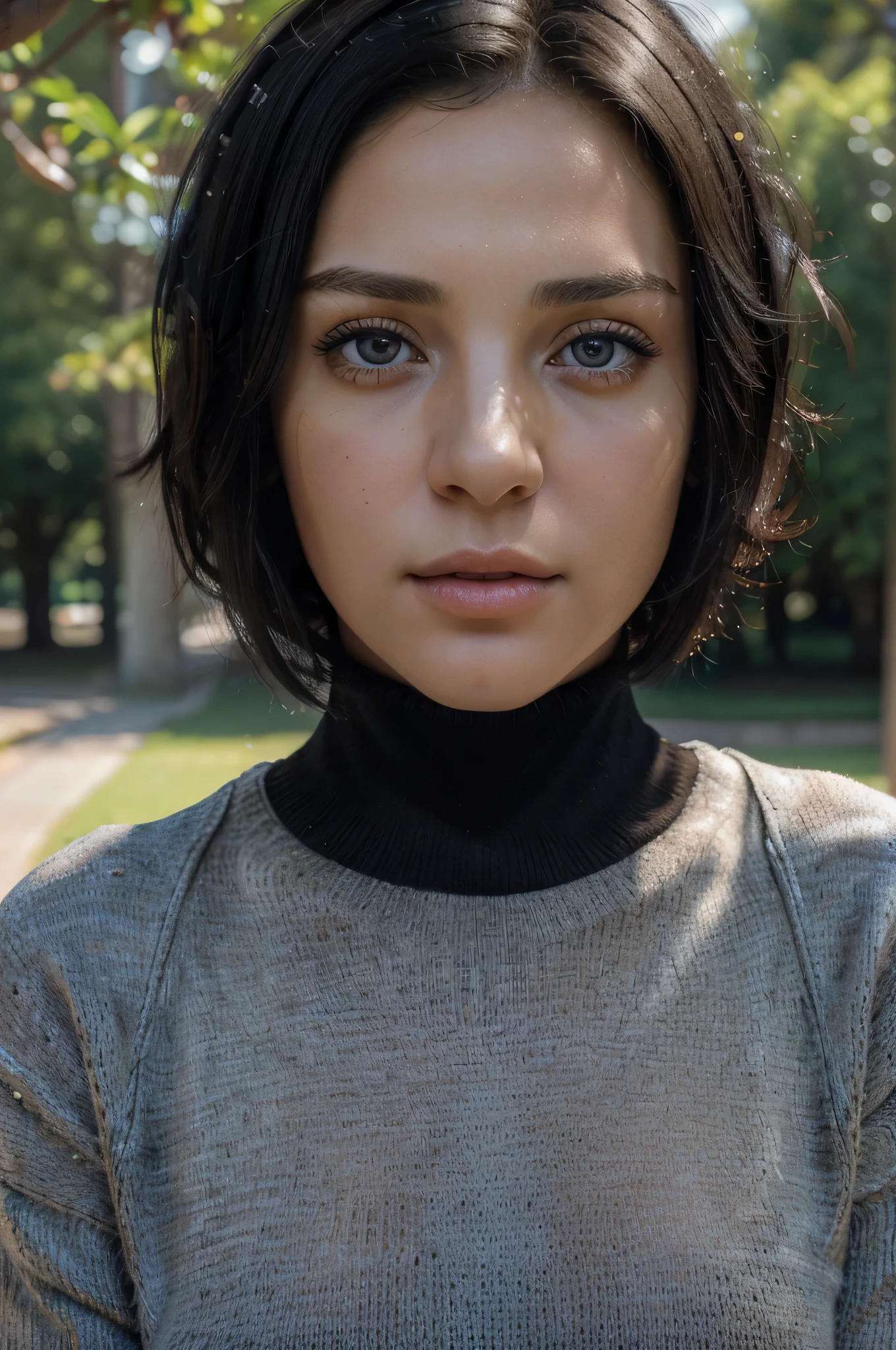 (masterpiece:1.3), (8k, photorealistic, RAW photo, best quality: 1.4), (1girl), beautiful face, (realistic face), (black hair, short hair:1.3), beautiful hairstyle, realistic eyes, beautiful detailed eyes, (realistic skin), beautiful skin, (sweater), absurdres, attractive, ultra high res, ultra realistic, highly detailed, golden ratio, with a sportwear in a park