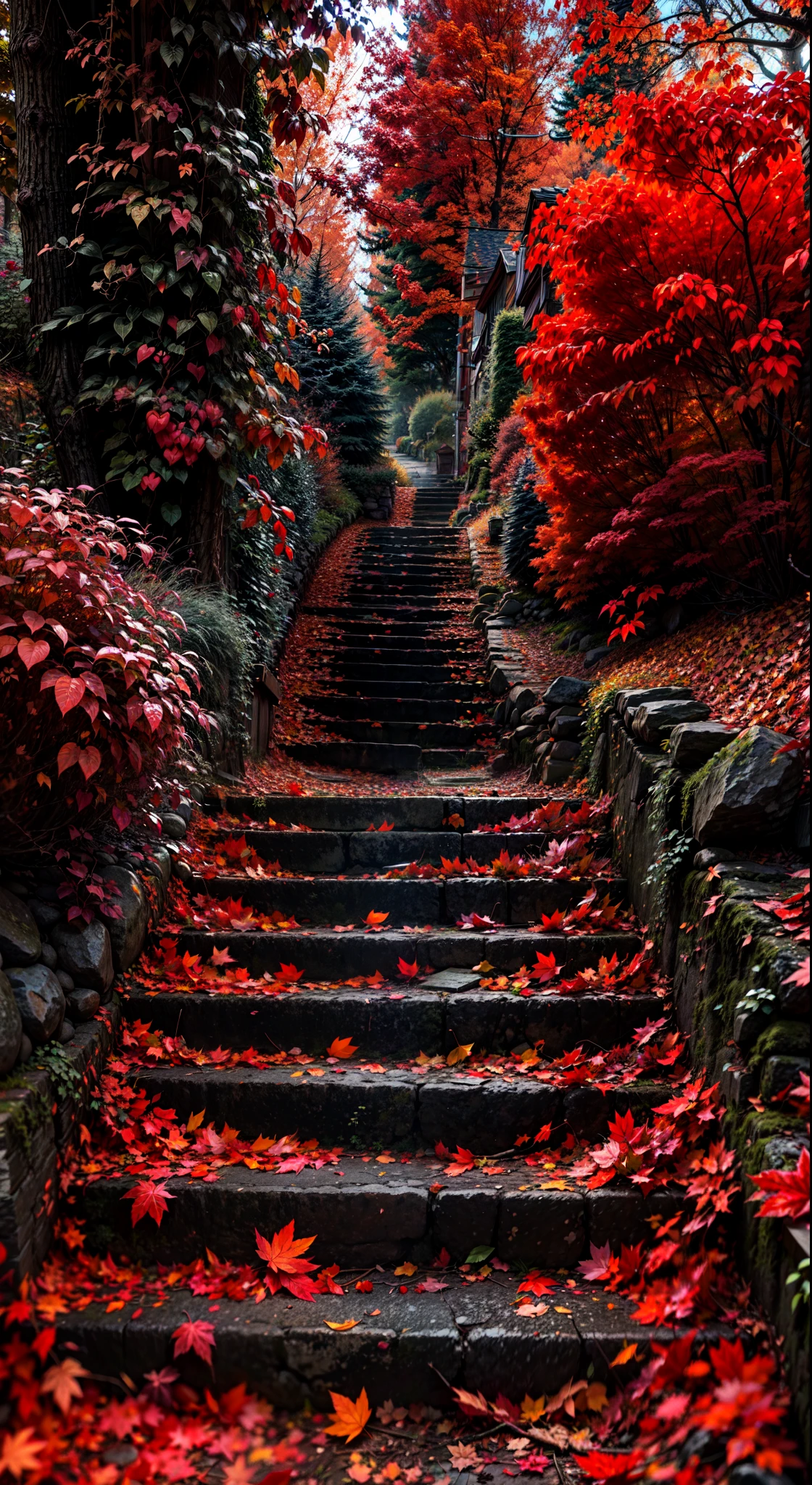 steps leading into an autumn setting with a red, in the style of botanical abundance, mote kei, bloomcore, whistlerian, romantic emotivity, naturecore, carpetpunk