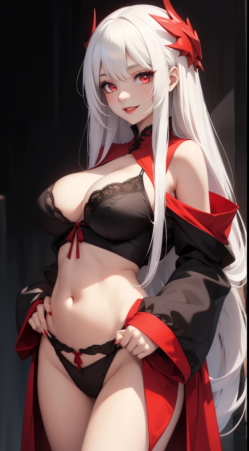 young woman, long white hair, red eyes, red lipstick, sweet smile, medium breasts, open shoulders, open belly, black mantle, long sleeves, claws, lace lingerie, Masterpiece, high quality, wide hips, micro-string, facing camera, black background, perfect eyes, tan skin, hands on hips, red accents