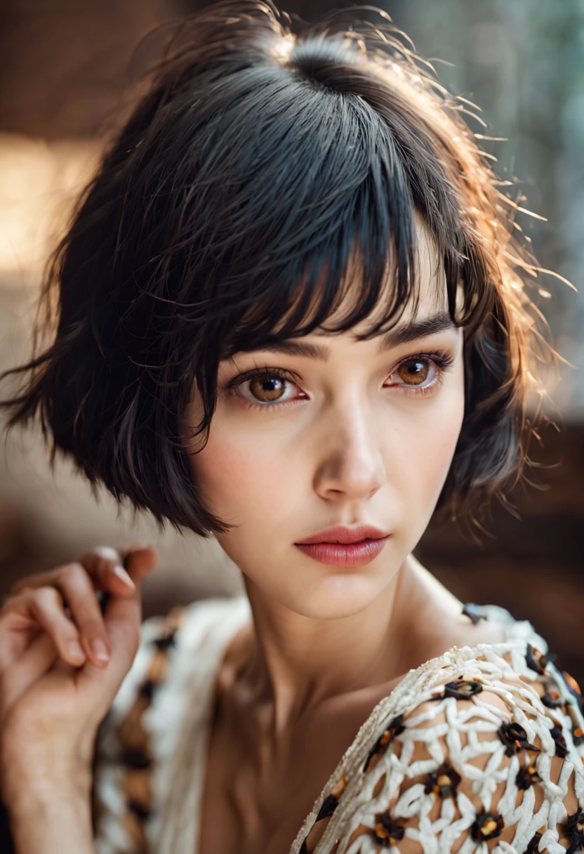 masterpiece,best quality,  (detail skin:1.2), film grain, 32k, RAW photo,8k uhd, 
realistic,simple background,
1 girl, short hair , black hair, portrait, lady, brown eyes,