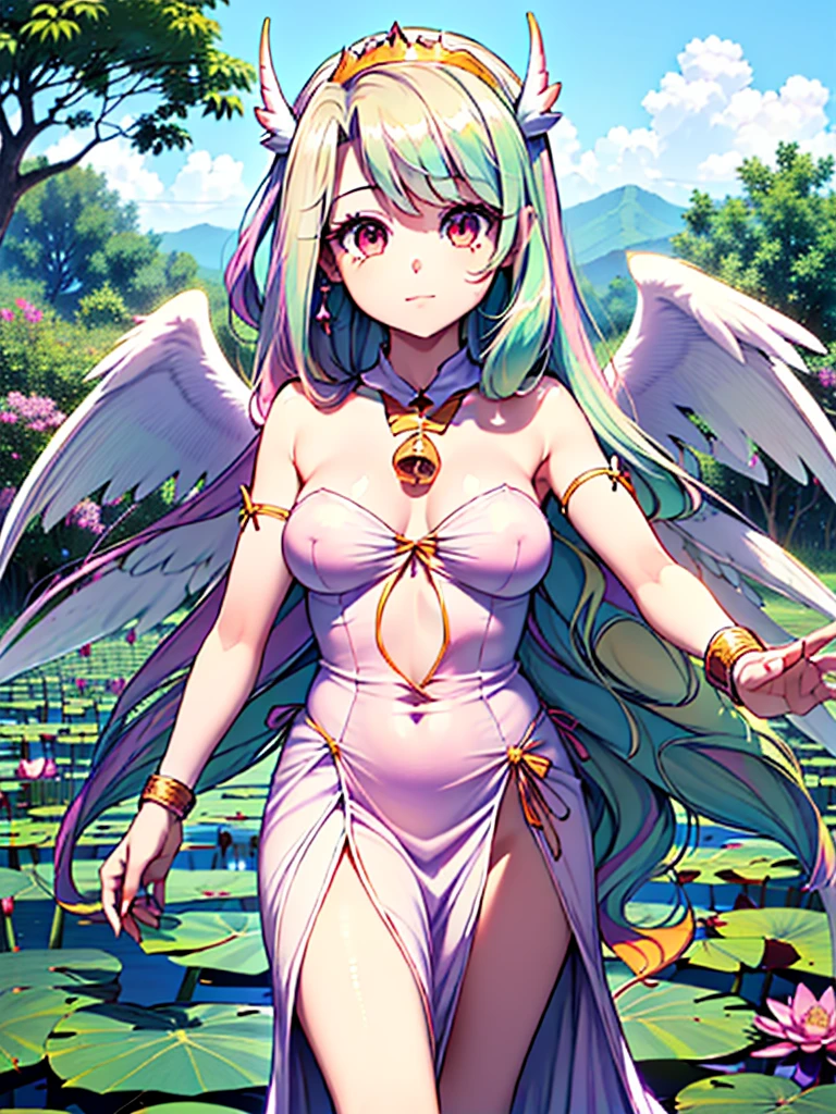 gran calidad ++ Extremely detailed high resolusionolution, very aesthetic, ojos expresivos, (((Cara perfecta))), (((face symmetrical))), ((good anatomy)), (((manos perfectas))), (((8k))), UHD, Fondo de pantalla HD, (((alta calidra detallada, (((((1girl)))))), solamente, Obra maestra, La mejor calidad, high resolusion, Altamente detallado, (illustration), hermosos ojos detallados, (((combatant))), (((1girl))), ((((cuerpo completo)))), (((((((illyasviel von einzbern)))))), (((princess_celestia))), ((((forma humana)))), ((princesa celestia humanizada)), Celestia, Celestia de My Little Poni, celestia en forma de milf, Cabello largo y ondulado, (((Ojos rojos))), (((strapless tube dress))), (((purple heart promise))), (((white dress))), (((milfication))), (((mature female))), (((big breasts))), (((orejas blancas de pony))), (((Dedos detallados))), (((alas blancas de angel))), (((cuerno dorado de unicornio))), Dedos precisos, Manos no antinaturales, strange eye, columnas griegas, exterior, hermoso bosque majestuoso, hojas de parra rodeando las columnas, arbustos de flores por todas partes, cielo despejado, bright sunny day, water lilies, bosque celestial,
