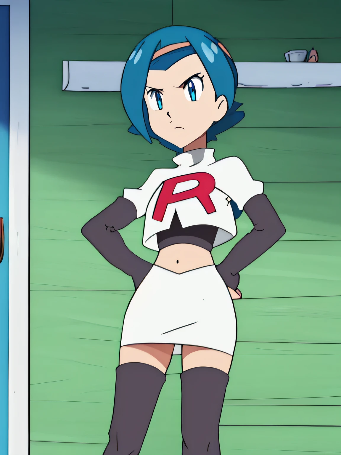 team rocket uniform, red letter r, white skirt, white crop top, black thigh-high boots, black elbow gloves, glaring angrily, looking at viewer, hands on hips, full body seen, zettai ryouiki
