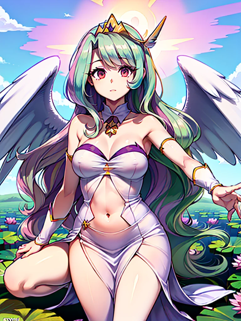 gran calidad ++ Extremely detailed high resolusionolution, very aesthetic, ojos expresivos, (((Cara perfecta))), (((face symmetrical))), ((good anatomy)), (((manos perfectas))), (((8k))), UHD, Fondo de pantalla HD, (((alta calidra detallada, (((((1girl)))))), solamente, Obra maestra, La mejor calidad, high resolusion, Altamente detallado, (illustration), hermosos ojos detallados, (((combatant))), (((1girl))), ((((cuerpo completo)))), (((((((illyasviel von einzbern)))))), (((princess_celestia))), ((((forma humana)))), ((princesa celestia humanizada)), Celestia, Celestia de My Little Poni, celestia en forma de milf, Cabello largo y ondulado, (((Ojos rojos))), (((strapless tube dress))), (((purple heart promise))), (((white dress))), (((milfication))), (((mature female))), (((big breasts))), (((orejas blancas de pony))), (((Dedos detallados))), (((alas blancas de angel))), (((cuerno dorado de unicornio))), Dedos precisos, Manos no antinaturales, strange eye, columnas griegas, exterior, hermoso bosque majestuoso, hojas de parra rodeando las columnas, arbustos de flores por todas partes, cielo despejado, bright sunny day, water lilies, bosque celestial,