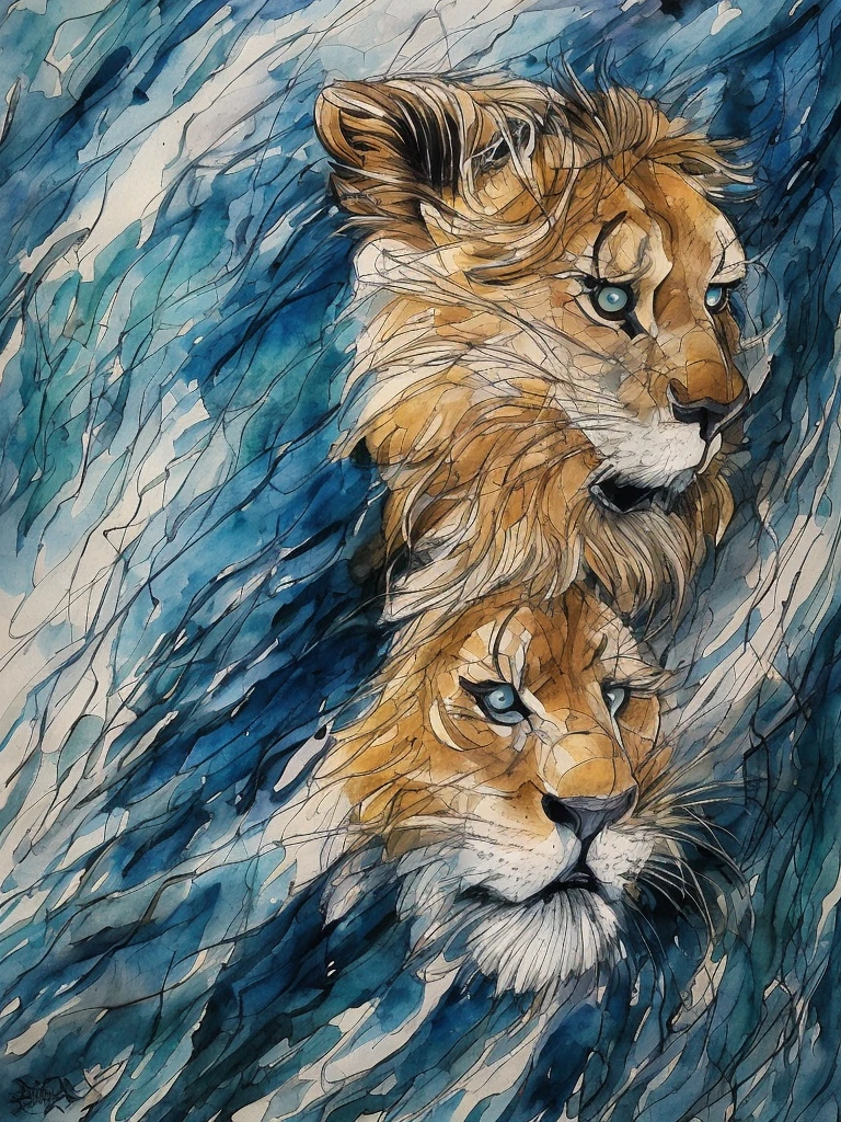 Lion, lion face, ศิลปะญี่ปุ่น, japan styls, (best quality,highres,masterpiece:1.2),ultra-detailed,realistic,watercolor painting,watercolor paper, detailed brushstrokes,paint texture, vibrant colors,tiger face,staring eyes,detailed fur abstractions,expressive brushwork,rippling water,tranquil atmosphere,light and shadow interplay,harmonious color palette,subtle gradients,soft edges,impressionistic style,painterly techniques,mesmerizing depth,artistic interpretation,watercolor pigments blending,ethereal beauty.