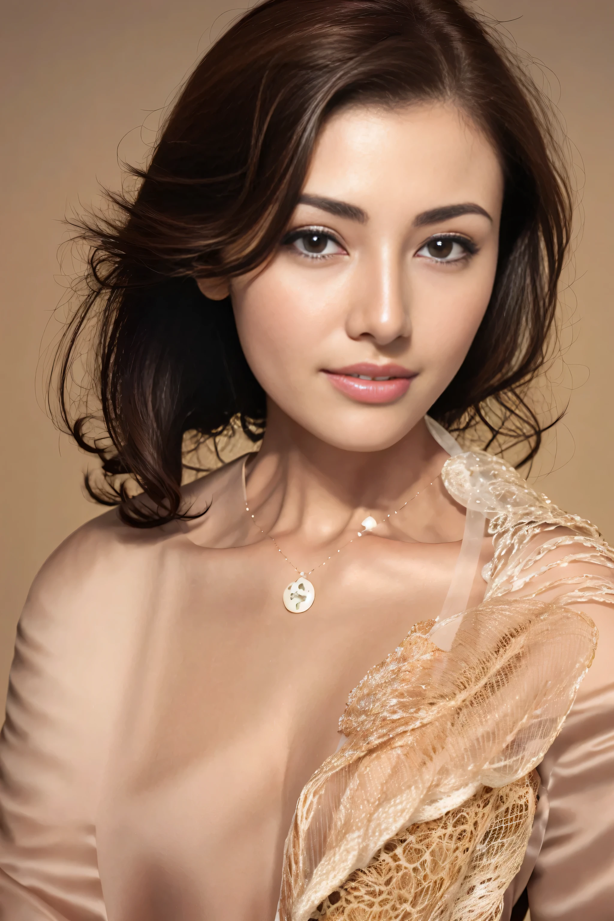 best quality, realistically, Super detailed, detailed, high resolution, solid color background，8k wallpaper, 1 beautiful woman,,light brown messy hair,  lock focus, Perfect dynamic composition, beautiful eyes, fine hair, 细致realistically的皮肤纹理, smiling, closeup portrait, model figure