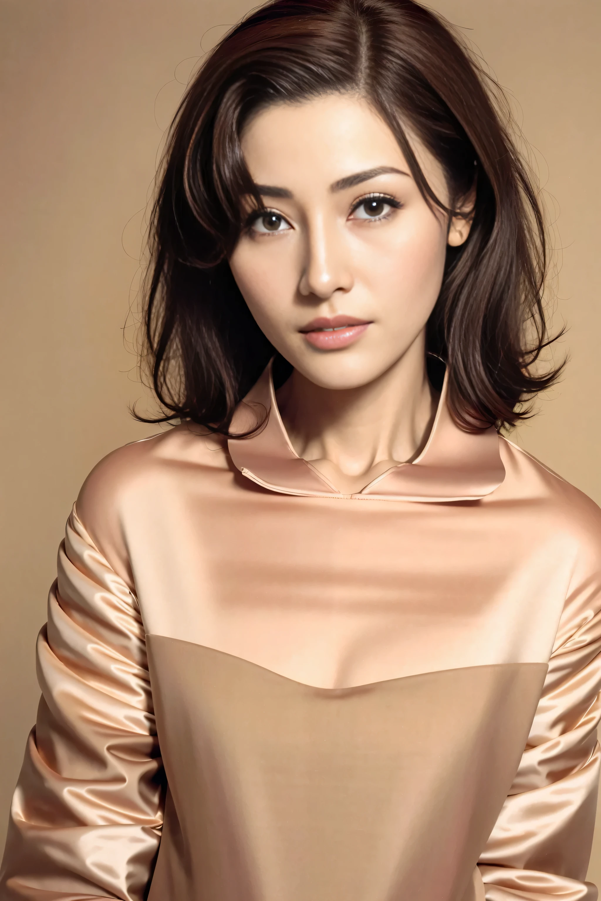 best quality, realistically, Super detailed, detailed, high resolution, solid color background,8k wallpaper, 1 beautiful woman,,light brown messy hair, lock focus, Perfect dynamic composition, beautiful eyes, fine hair, 细致realistically的皮肤纹理, smiling, closeup portrait, model figure