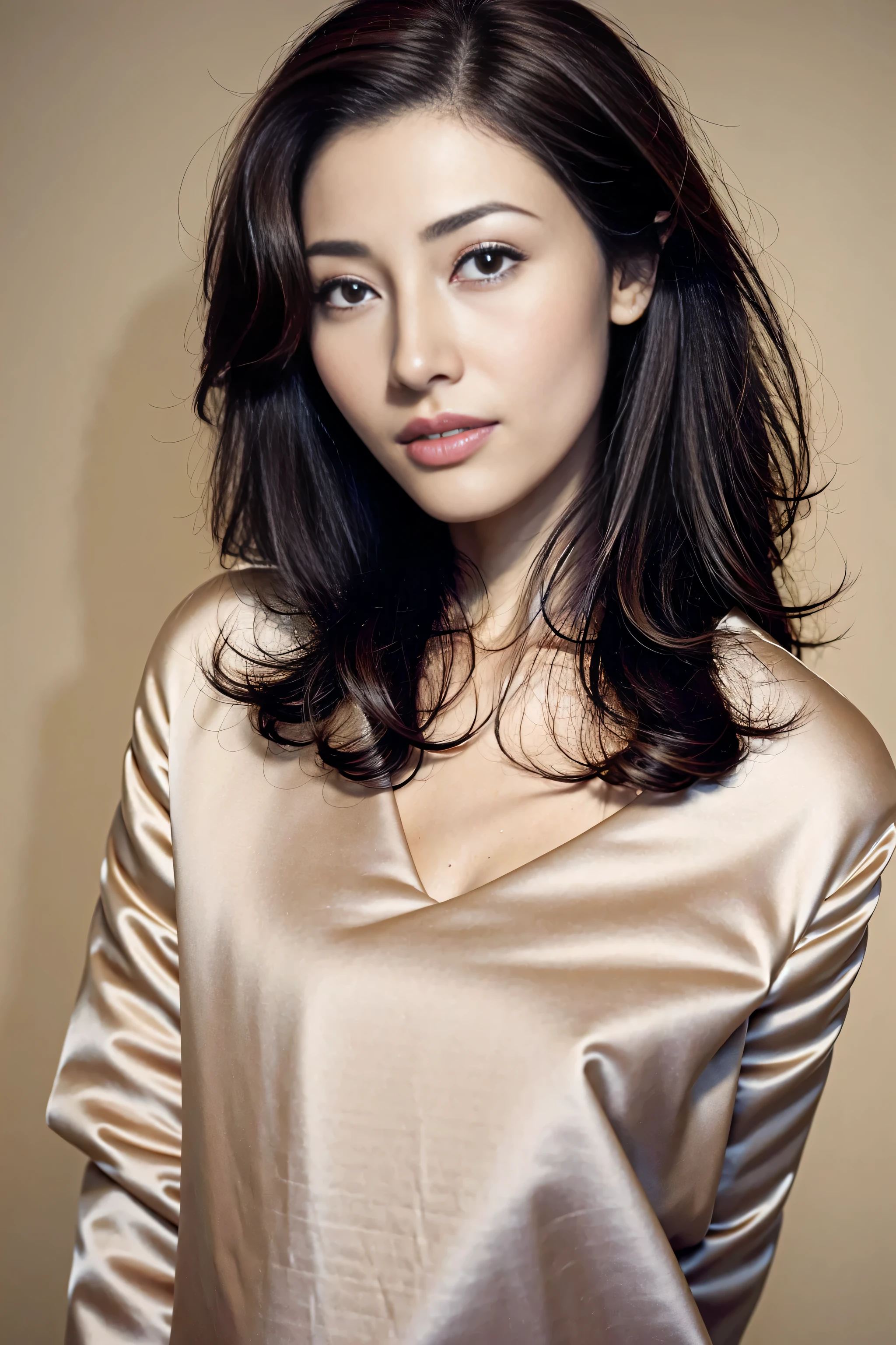 best quality, realistically, Super detailed, detailed, high resolution, solid color background，8k wallpaper, 1 beautiful woman,,light brown messy hair, lock focus, Perfect dynamic composition, beautiful eyes, fine hair, 细致realistically的皮肤纹理, smiling, closeup portrait, model figure