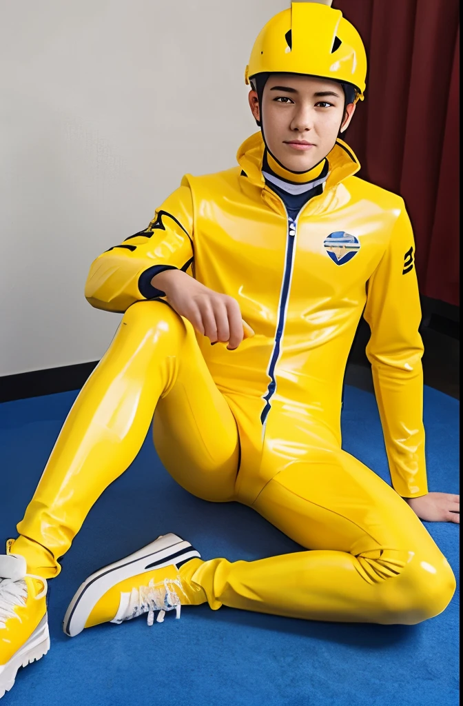 A high school boy wearing yellow latex catsuit