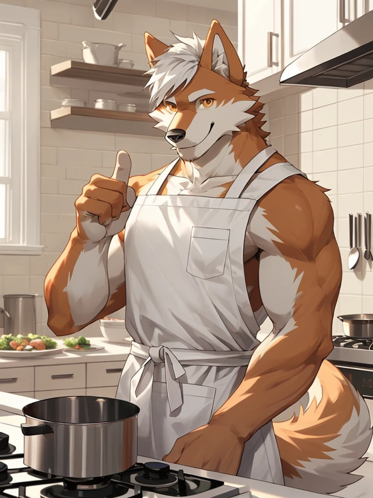1man,Correct body structure,Correct finger structure,Correct pupil structure,single person, ((orange fur)), orange wolf, strong, white hair, smile, brown pupils, wolf tail, Medium length hair,  Cook, kitchen, white apron