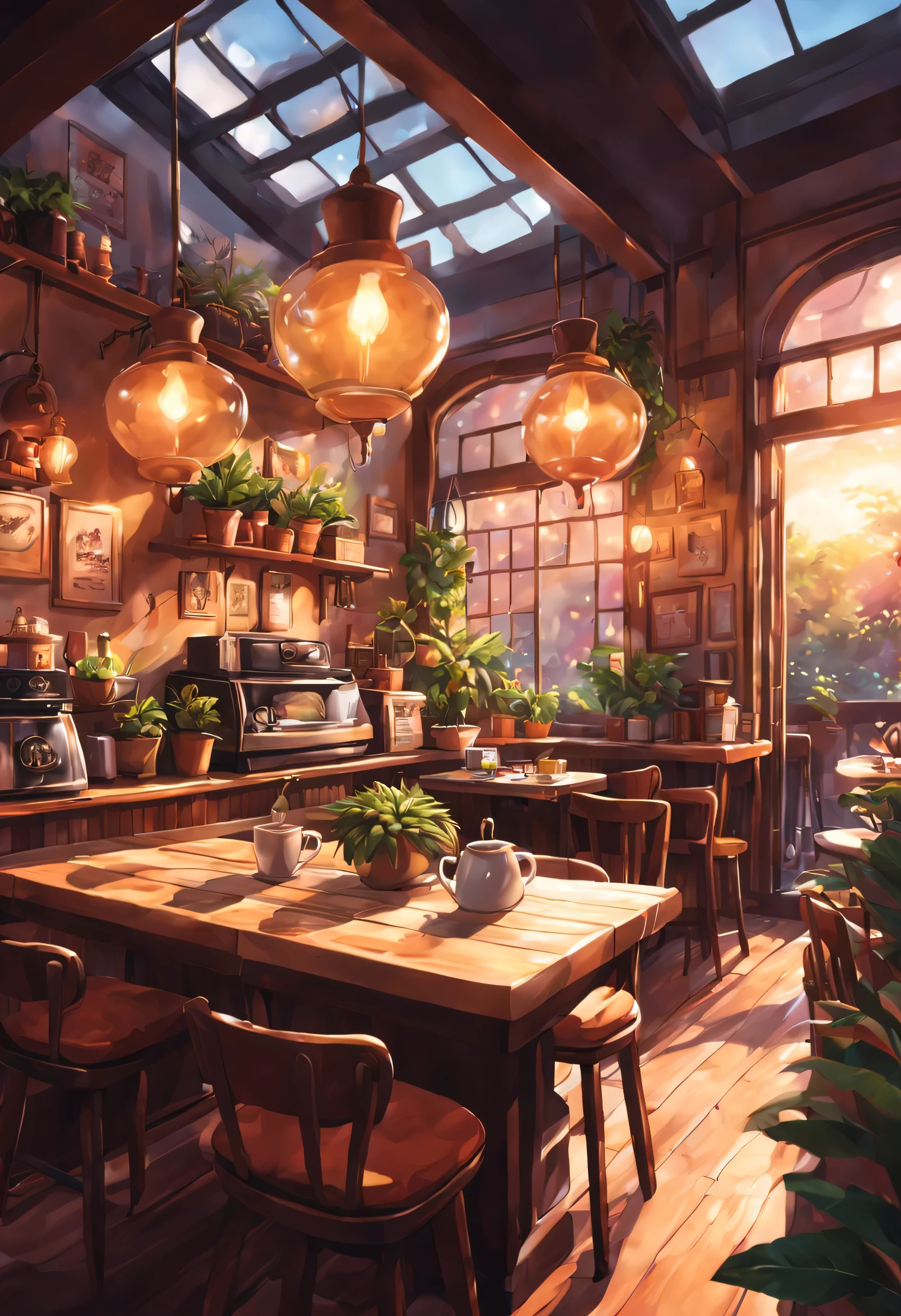 Anime-style, the interior of a coffee shop is illustrated with intricate details and vibrant colors. Delicate steam rises from the hot coffee cup on the table, seats are with soft cushions, a lot of potted plants, adding to the cozy and inviting atmosphere. Soft lighting casts a warm and beautiful glow over the dreamy scene, it's evening time, making it an ideal place to unwind and escape reality. (Prompt B and C) Anime-style coffee shop interior, hot coffee steaming on the table, creating a cozy, beautiful and dreamy ambiance. (High resolution, 8k) Very detailed anime illustration of a coffee shop interior, showcasing a hot cup of coffee on a table, evoking a warm and cozy