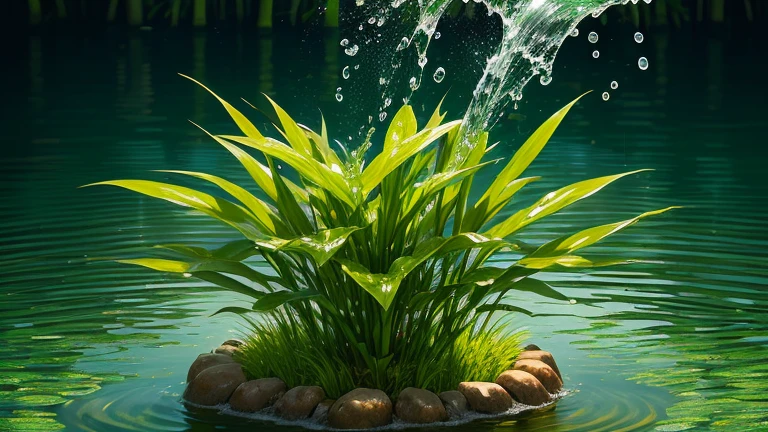 Close-up of plant with water splashing from top, water art manipulation, Water ArtPhotoshop, Amazing water art, Photoshop water art, 用bamboo做的, water treatment Photoshop, bamboo, water treatment, Vibrant aquatic plants,  High quality wallpaper, green waters, High quality wallpaper, The power of water makes water spin