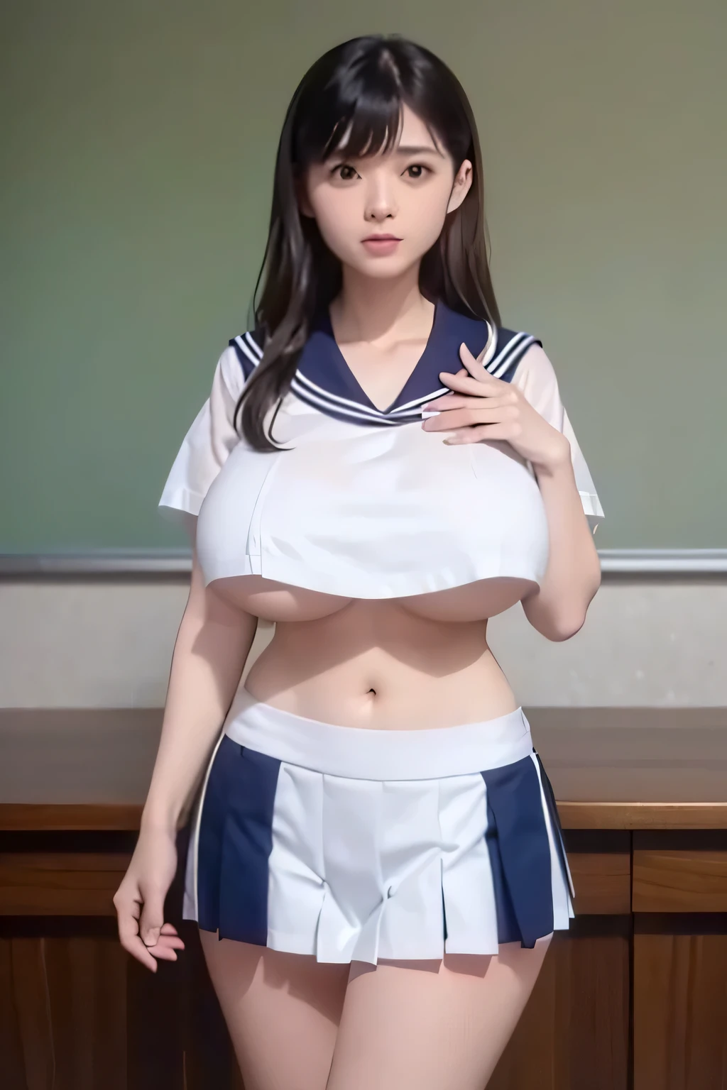 (8K, RAW photo, highest quality, masterpiece: 1.2),(long black hair,dull bangs), japanese woman,beautiful face,toothy smile,((short sleeve, Cute white sailor suit, dark blue pleated skirt, dark blue sailor color, Sailor Scarf, socks, brown loafers)),thin waist,Your belly button is slightly visible,(huge breasts:1.5),((See-through lace bra:1.1)),classroom,during the day,cute pose