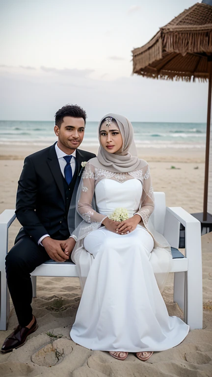 there is a man wearing suit and woman sitting on a chair wearing abaya dress and hijab, lovely couple, wedding photo, wedding, white beach field