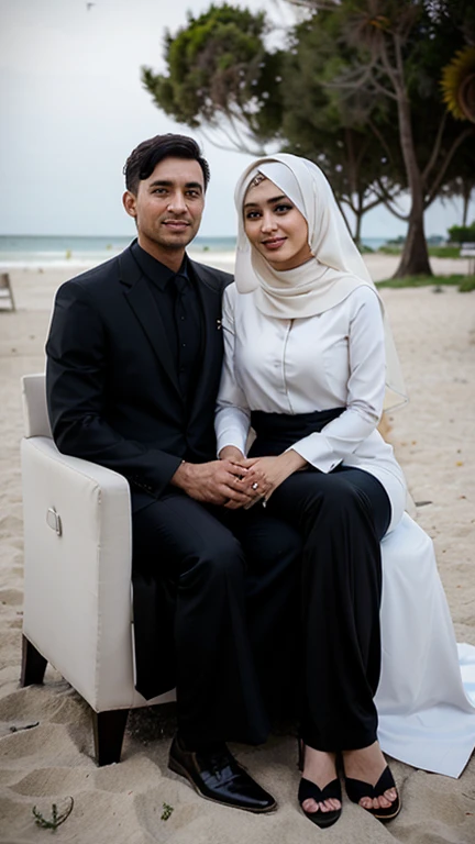 outdoor photo, featuring a Indonesian family portrait with 2 members. a man 35 yo with cap, clean face,  a women 36 yo big body with, hijab, wearing black gamis sharia, they are wearing formal cloth, dinner islamic food at exclusif restaurant roof top cruise ship, beautuful light, romantic moment, good sea view, professional photografi