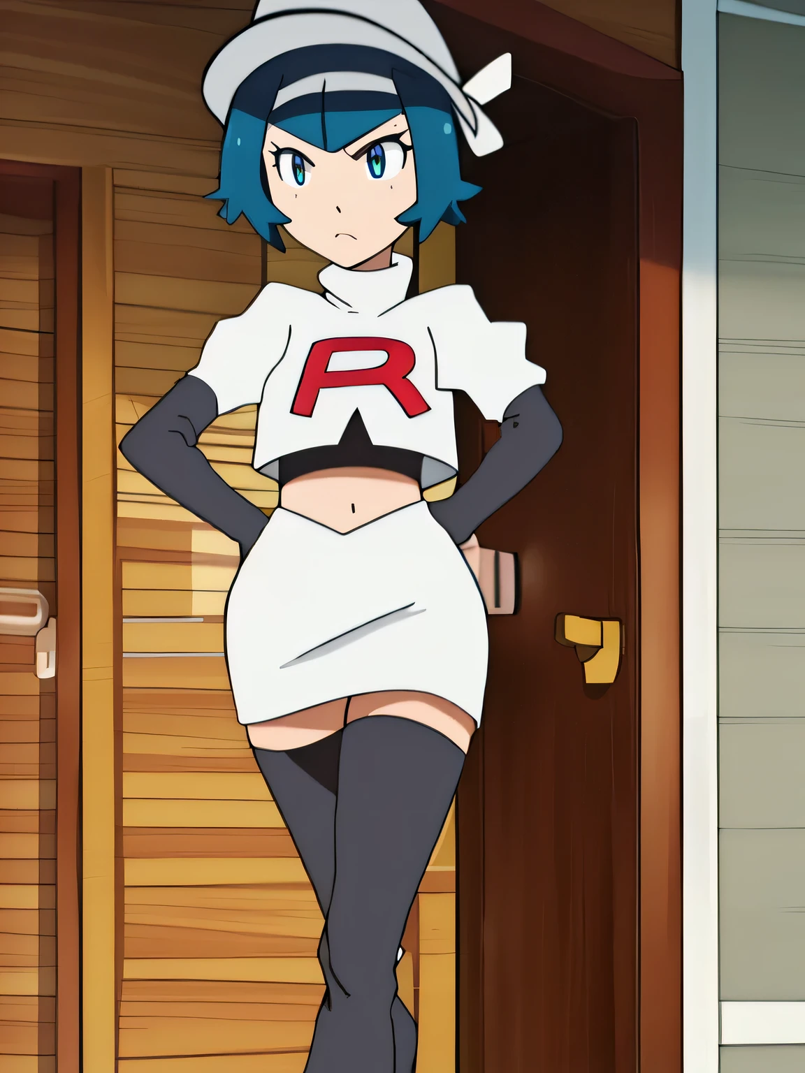 team rocket uniform, red letter r, white skirt, white crop top, black thigh-high boots, black elbow gloves, glaring angrily, looking at viewer, hands on hips, full body seen, zettai ryouiki, celestia ludenberg
