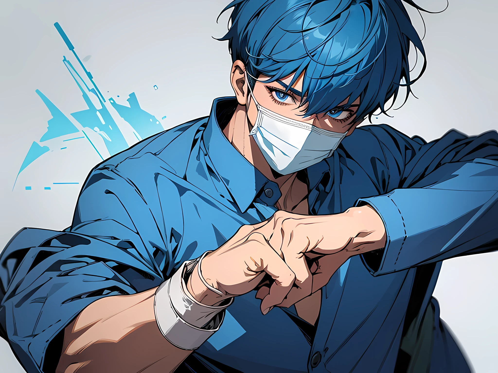 1 man, doctor, wearing mask, wearing Surgical Scrubs, wearing Surgical gloves, short hair, blue hair, detailed eyes, face to detail, the background is Surgical room, perfect hands, full-body illustration