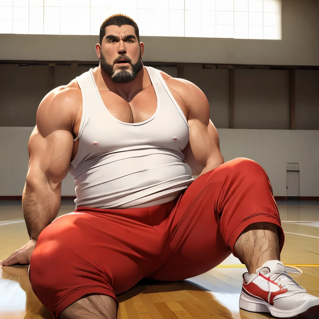 (highest quality:1.5), (masterpiece:1.5), (High school gymnasium:1.2), (Japanese:1.5), round face, short beard, solo, (white tank top:1.3), (red jersey pants:1.3), male, (macho:1.3), (huge body:1.5), 42 years old, crew cut, (expression of agony:1.2), sitting on the floor, Hands out in front of you