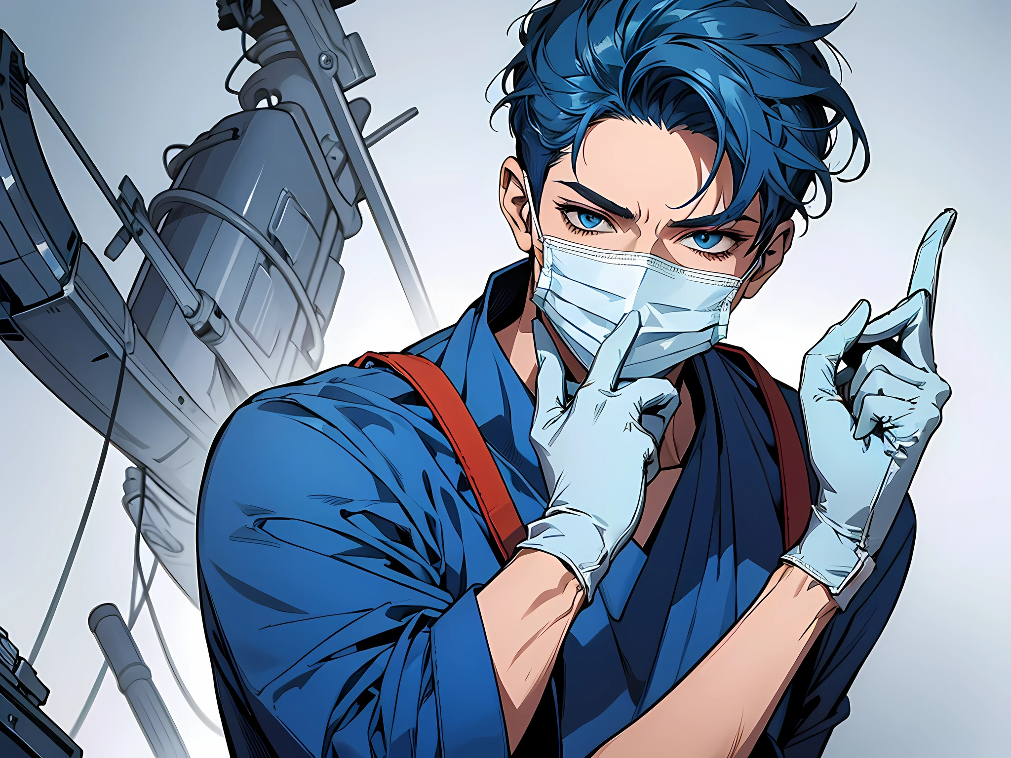 1 man, doctor, wearing mask, wearing Surgical Scrubs, wearing Surgical gloves, short hair, blue hair, detailed eyes, face to detail, the background is Surgical room, perfect hands, full-body illustration