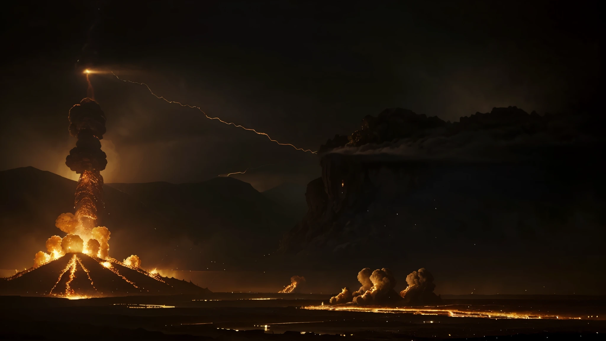 Cloud of smoke rising in the sky with a dark sky, cena em chamas ao fundo, Background Story ( Escuro _ smoke billowing; ), octan render. mistborn, mist smoke, Volumetric fog and smoke, smoke simulation, smoke rising in the background, explosion in background, melting of volumetric smoke and mist, explosion on dark background