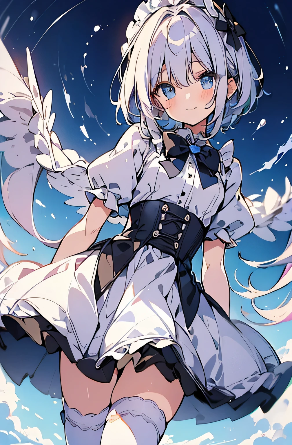 ((highest quality))、((８K))、((High resolution))、((masterpiece))、((Super detailed))、一人girl、（Height 140ｃｍgirl）、((Looking at the camera from the front))、((Photo from above the knees))、((Are standing))、Beautiful and delicate blue eyes、beautiful smooth silver hair、Fluffy shorthair、Gentle and adorable big eyes、big smile、Blush with embarrassment、((Perfect and beautiful fingertips))、銀色の魔法girlコスチュームを着たA、flat chest、(white stockings)、（school building）、summer sky