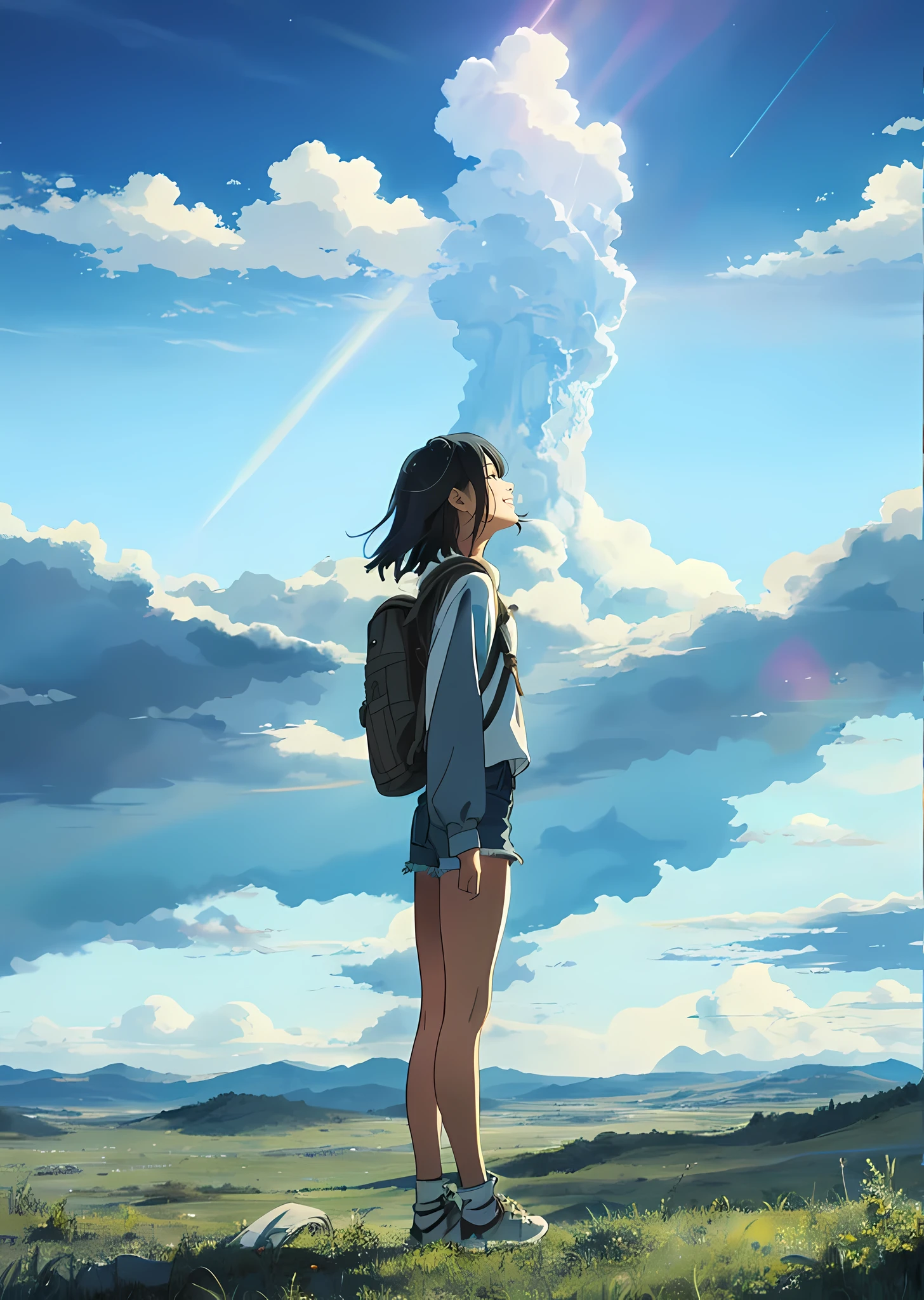teepee、Vast sky、the beautiful skyline、Large grasslands、extremely tense and dramatic pictures、the moving visual effects、high hanging Polaris、and colorful natural light。Long-sleeved tops、Denim shorts、And a girl with a backpack。