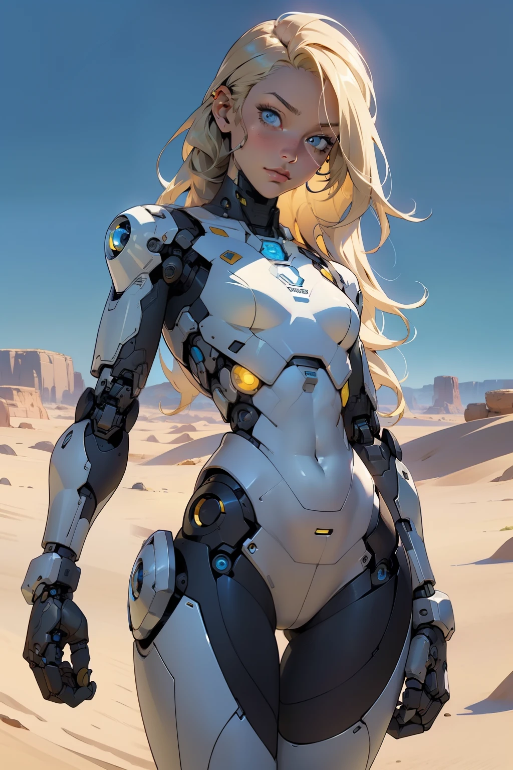 high quality, 4k, masterpiece, beautiful, cyborg girl, cowboy shot, dull eyes, looking at viewer, long blonde hair, girl, small breasts, fit thigh, robotic arms, robotic body, cyborg body, yellow accent, intricate detail, joint, detailed lines, robotic detail, holding fist up, holding hand up as fist, color robotic parts, robotic parts with color, perfect fingers, on a desert planet, sunny background, colorful desert,