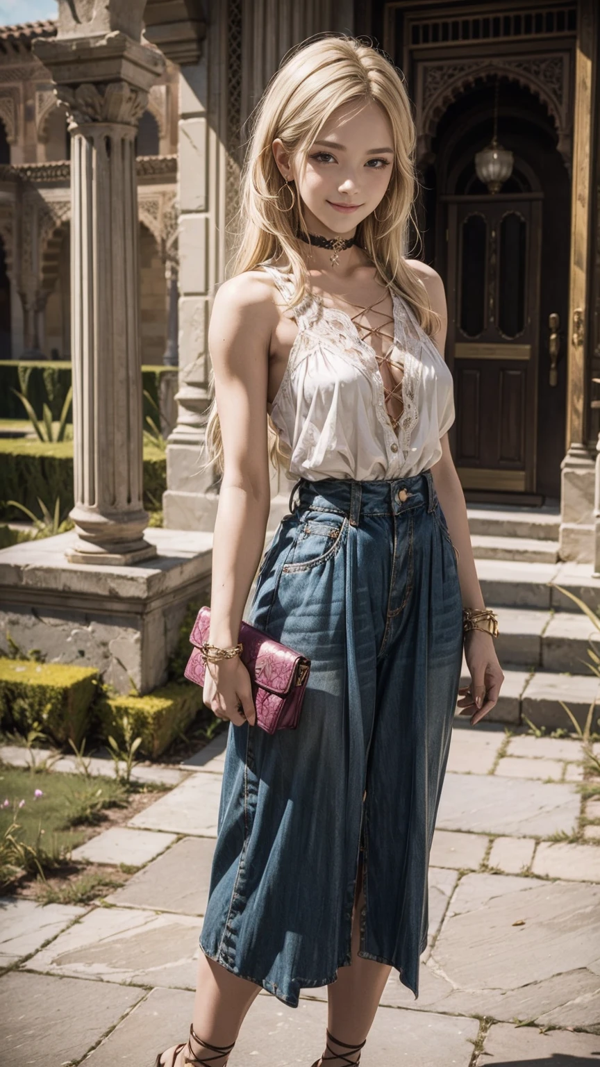 22 year old white female、hair color is blonde、long hair、straight hair、Eye color is blue、setting hair、I'm wearing a wristband、I'm wearing a choker、I'm wearing earrings、skin is smooth、smile、Slender but muscular body、My heart is pounding、high resolution、Greek mythology goddess costume、wearing、In the Arayanes courtyard of the Alhambra.、Skin is shiny、smile、I'm wearing lace-up sandals、I have a clutch bag