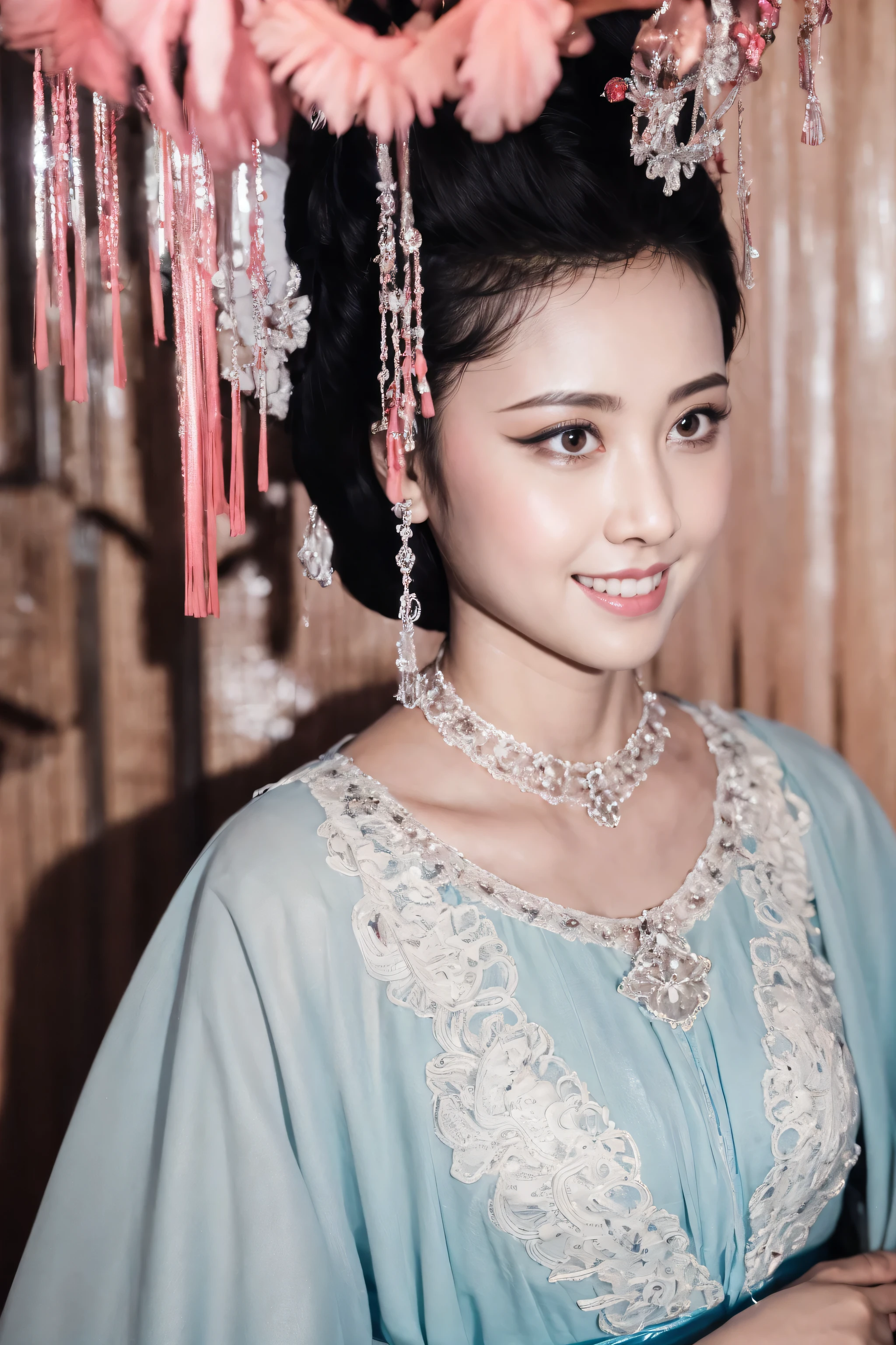 (((1 fashion model 25 years old))), [[[[Close-up cleavage]]]], [[[[]]]], [[[[raping]]]], [[[[Shoulder]]]], perfect eyes, perfect iris，perfect lips，perfect teeth，perfect skin，White skin，Soft headlight，human development report，girl，Chinese costumes，imperial service，queen costume，pink clothes，Princess crown hair ornaments，long skirt，sitting on bed，long legs，whole body image，The background is a Chinese interior decoration，4K Ultra HD, ultra high resolution, (lifelike: 1.4), best quality，masterpiece，Ultra-diluted，（pastel colors：1.2）