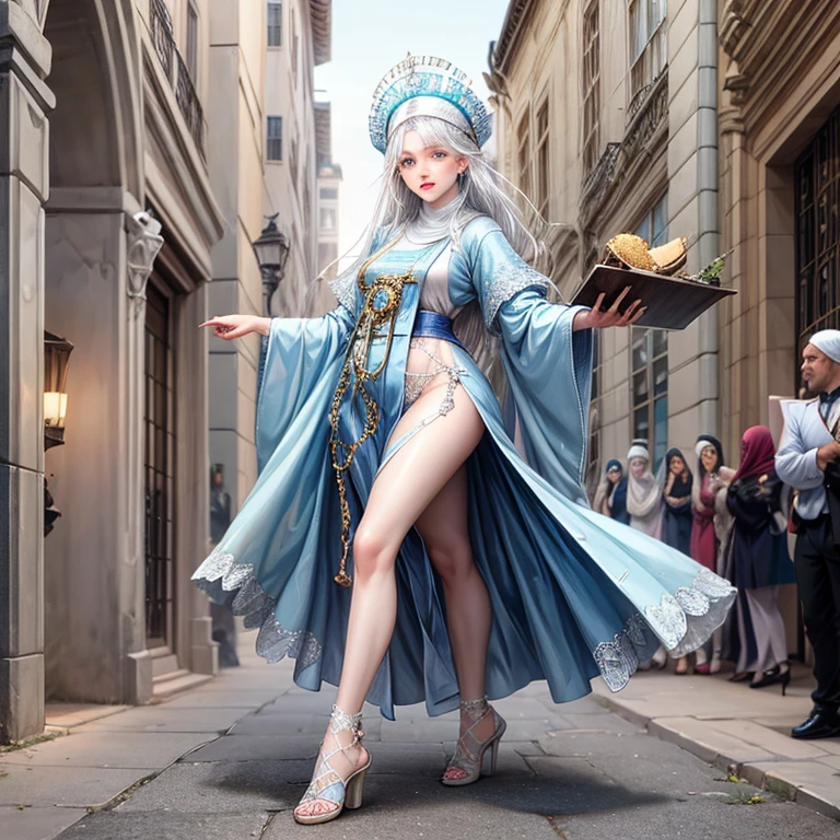 40 year old blue and white haired muslim whore mother fucking,Vagina with pubic hair, pechos grandes, usa tacones entrelazados de cristal plateado,cuerpo perfecto,pies perfectos,manos perfectas,parades through medieval streets