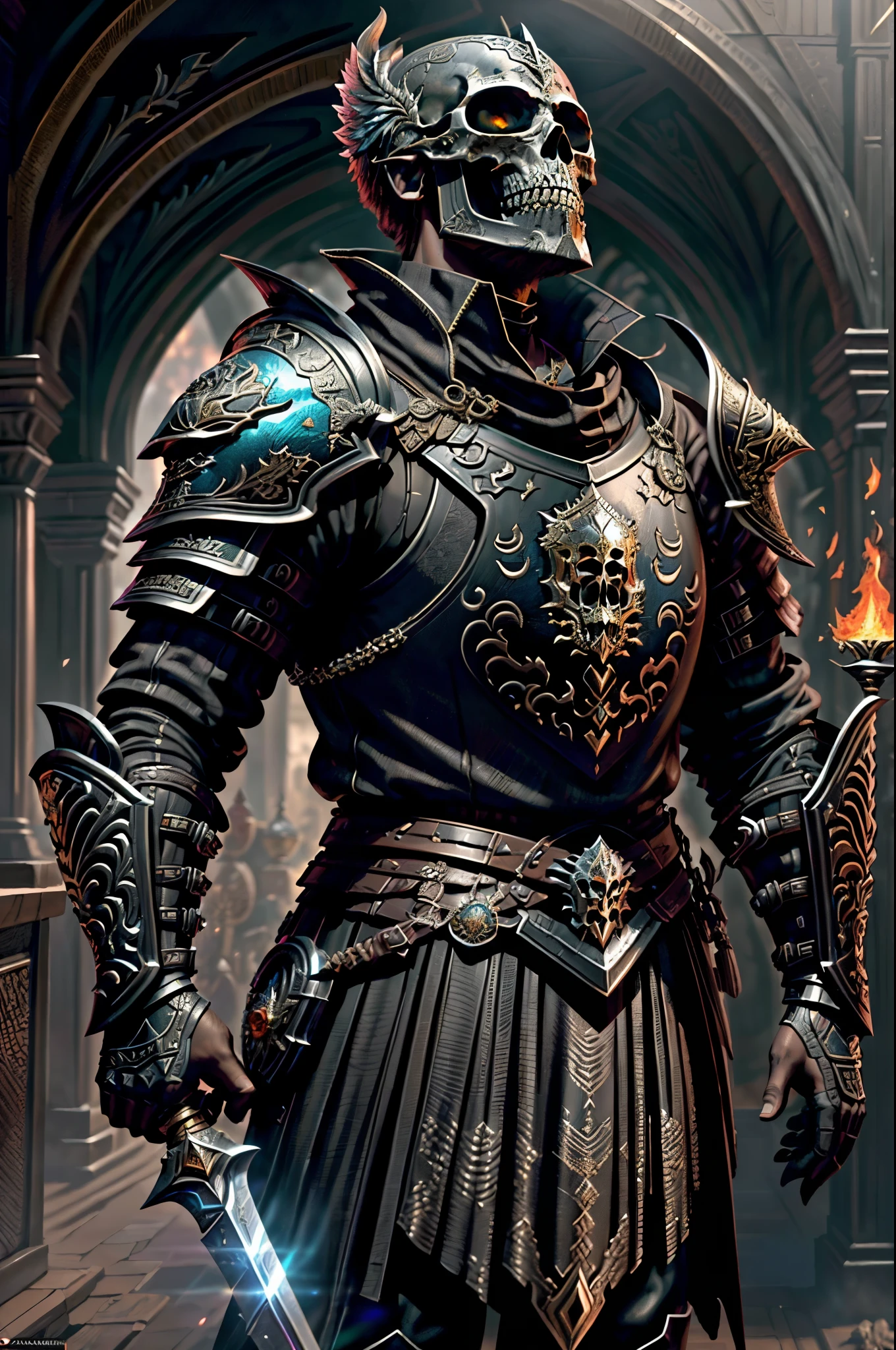 Cavaleiro esqueleto, skull on display, sem capacete, ultra realista, usando armadura de placas brilhante preto andando em uma vila em chamas, He uses a sword in one hand and a shield in the other, (intrincado: 1.4) (obra-prima: 1.4) (illustration: 1.4), red studio lighting, Post-processing, 8K resolution, fundo escuro, imponente , fotos meticulosamente compostas, impressionantes, fantasia sombria (por Greg Rutkowski: 1.2), (por daarken: 1.5)&quot;