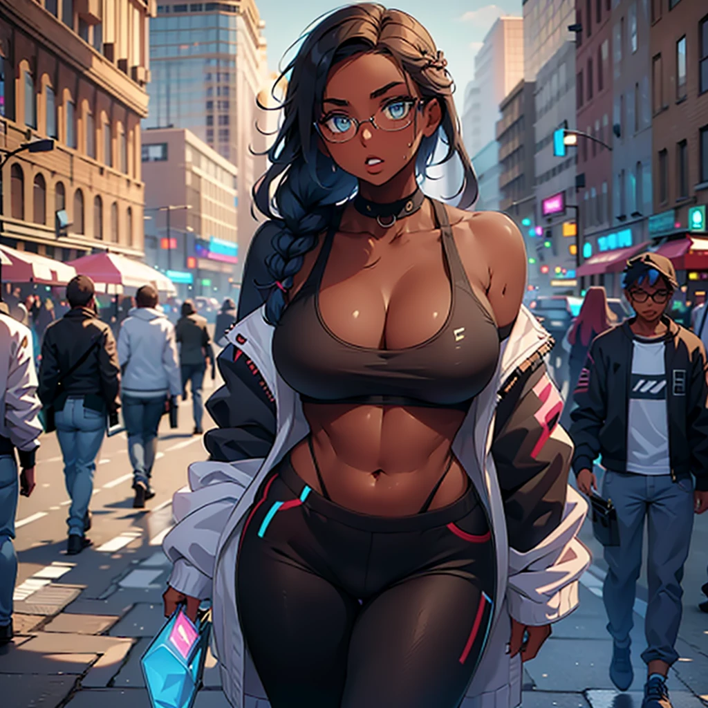 Black woman, dressed, on the street, long braided hair, glasses, slim thick body, dark brown skin, black and blue jacket, crop top white shirt, tight sweatpants