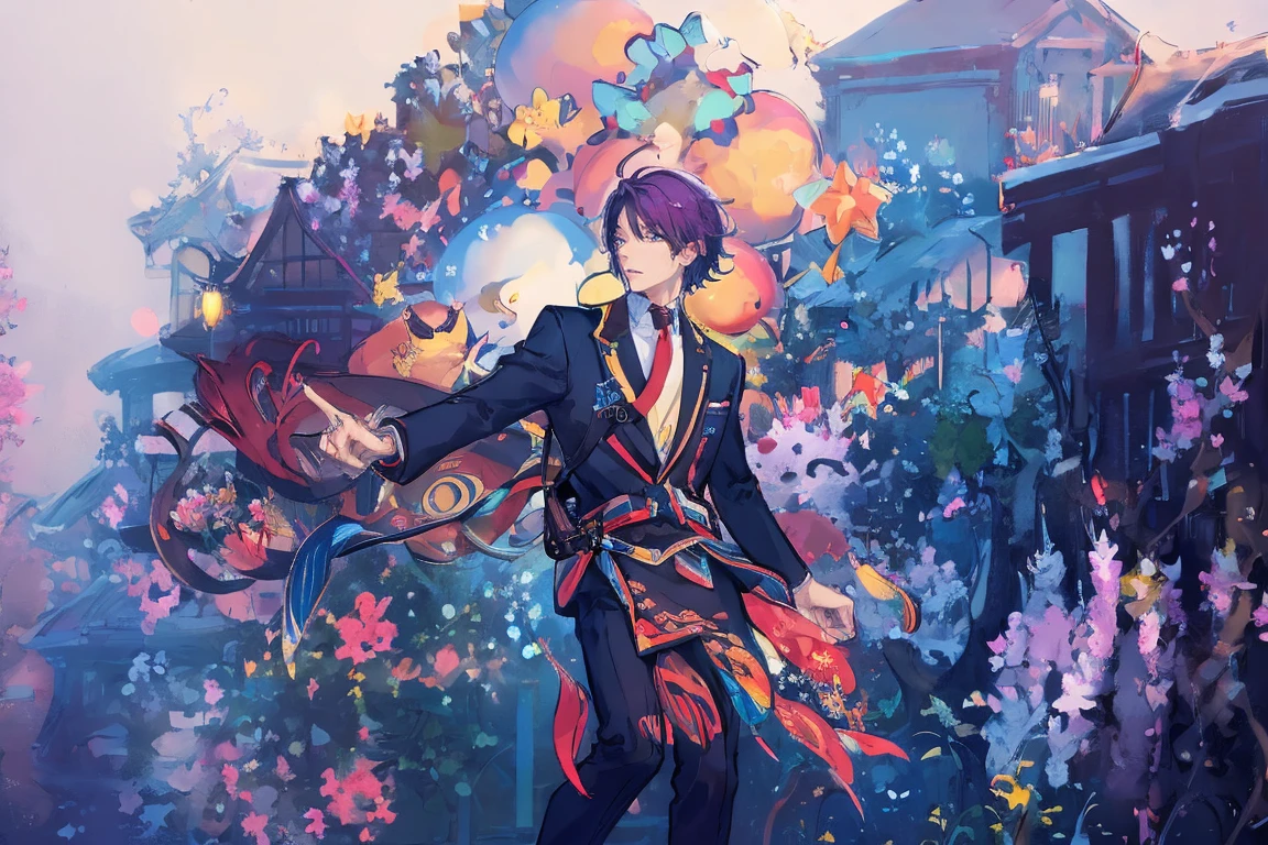 (Masterpiece:1.2, high quality), (pixiv:1.4), 1 man with short purple hair, tall handsome man, fansty world
