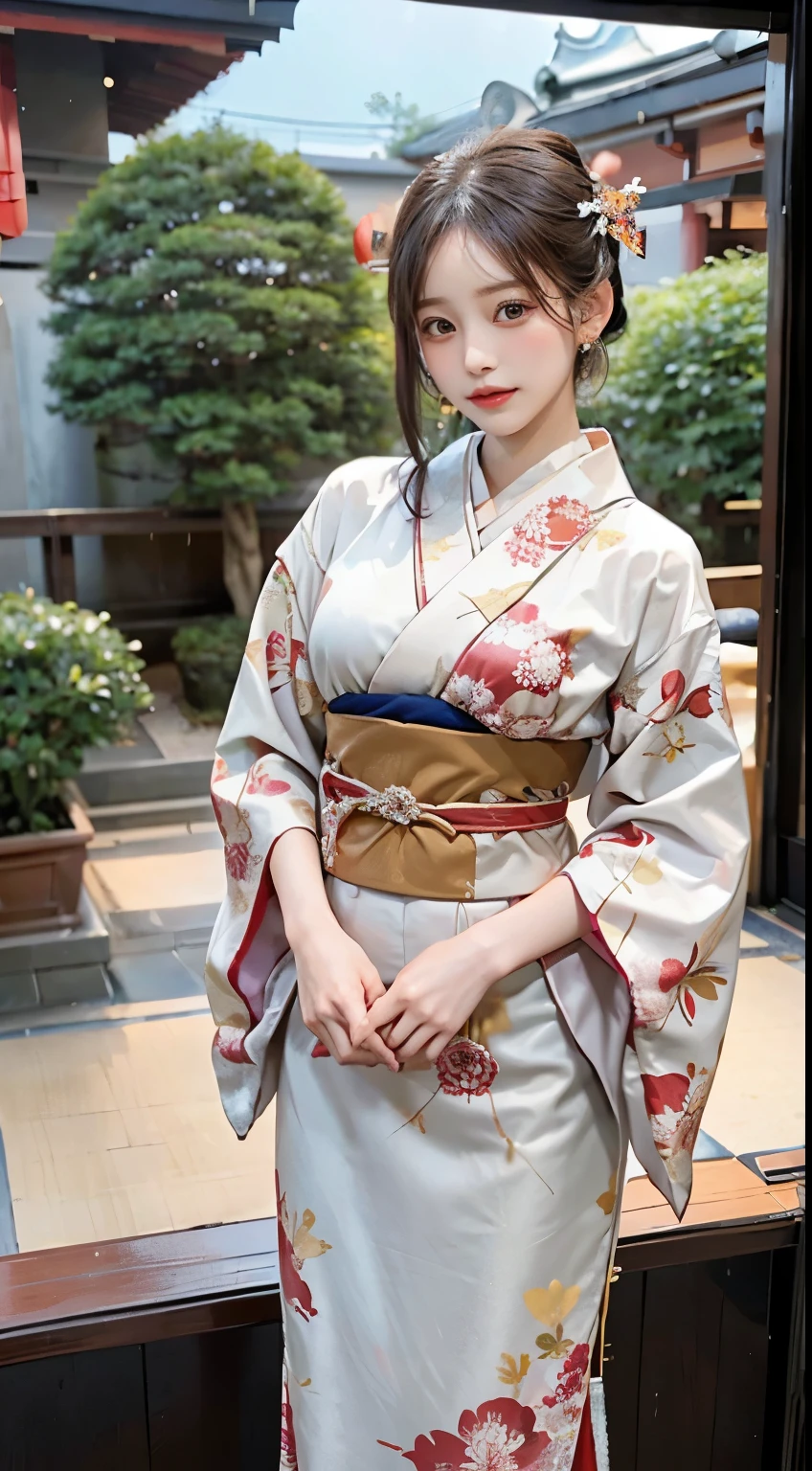 In a serene setting, a woman graces the scene in traditional Japanese attire. Adorned in a graceful kimono, the intricate patterns and subdued colors reflect the beauty of cultural tradition. The obi cinches elegantly around her waist, enhancing the overall refinement of her appearance. Her presence exudes a sense of tranquility, capturing the timeless elegance of a woman in a traditional Japanese ensemble.