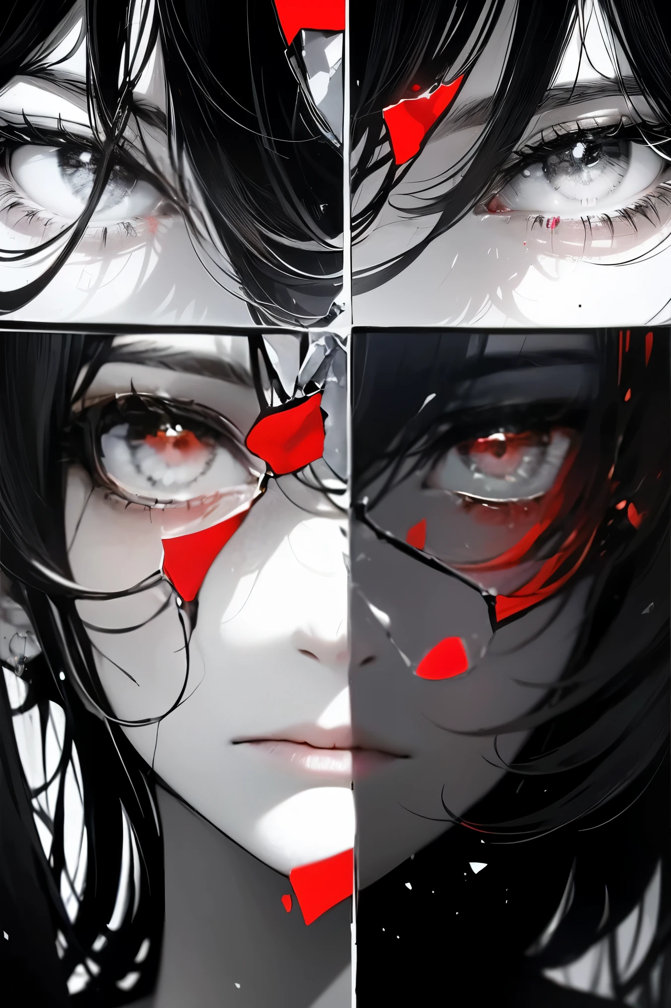 black andwhite,Absolutely beautiful woman,Bust,Broken mirror,Black and white splitting,Red tears,Black and white painting,Broken,sublevel,Black and white,Eroded by darkness and light,对称