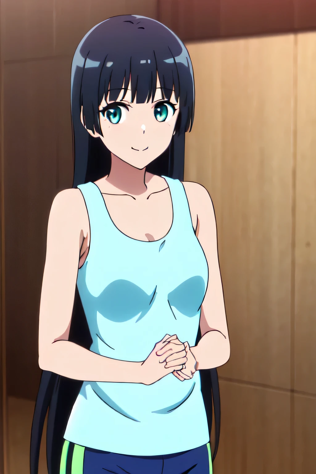 AKEMI SOURYUUIN, LONG HAIR, BANGS, BLACK HAIR, VERY LONG HAIR, BLUNT BANGS, AQUA EYES, HIME CUT, 1girl, solo, upper body, facing viewer, (looking at viewer:1.5), in the center, smile, SHORTS, TANK TOP, BIKE SHORTS, COLLARBONE, light-blue tank top, dark-blue shorts, in the gym