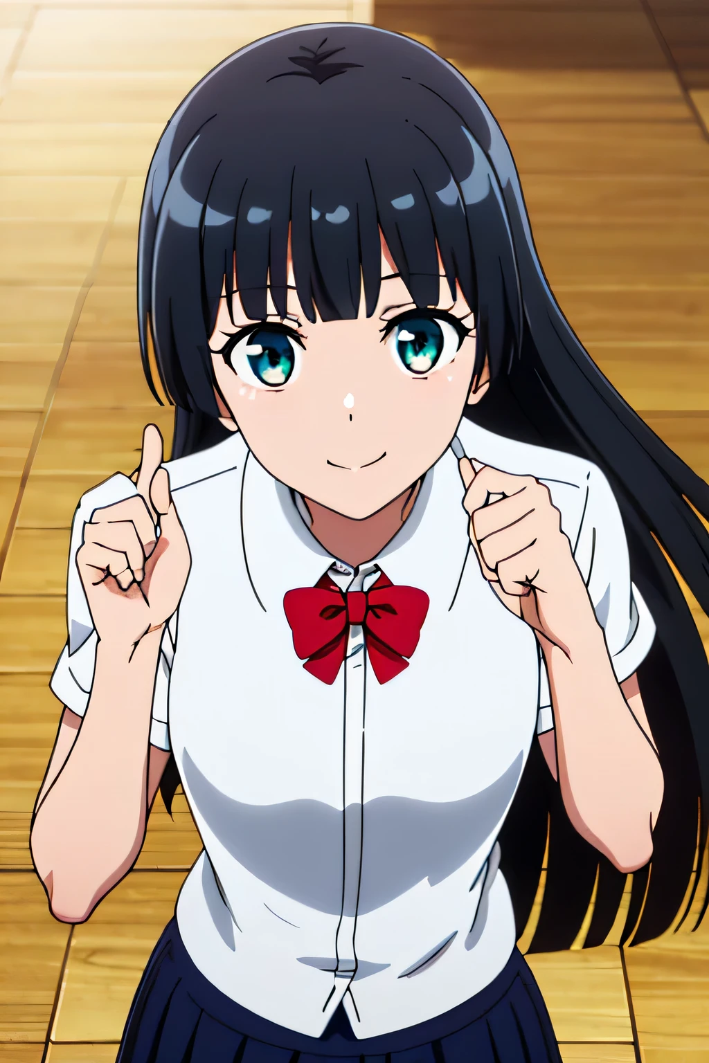 AKEMI SOURYUUIN, LONG HAIR, BANGS, BLACK HAIR, VERY LONG HAIR, BLUNT BANGS, AQUA EYES, HIME CUT, 1girl, solo, upper body, facing viewer, (looking at viewer:1.5), in the center, smile, SKIRT, SHIRT, BOW, SCHOOL UNIFORM, WHITE SHIRT, SHORT SLEEVES, COLLARED SHIRT, BOWTIE, RED BOW, RED BOWTIE,