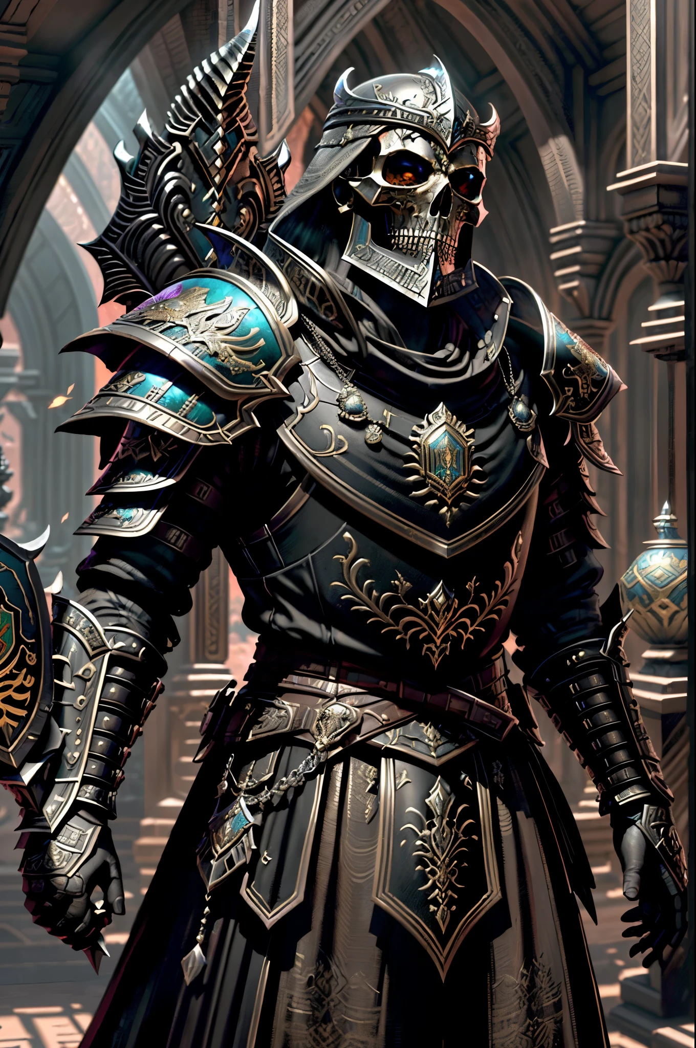 Cavaleiro esqueleto, skull on display, sem capacete, ultra realista, usando armadura de placas brilhante preto andando em uma vila em chamas, He uses a sword in one hand and a shield in the other, (intrincado: 1.4) (obra-prima: 1.4) (illustration: 1.4), red studio lighting, Post-processing, 8K resolution, fundo escuro, imponente , fotos meticulosamente compostas, impressionantes, fantasia sombria (por Greg Rutkowski: 1.2), (por daarken: 1.5)"