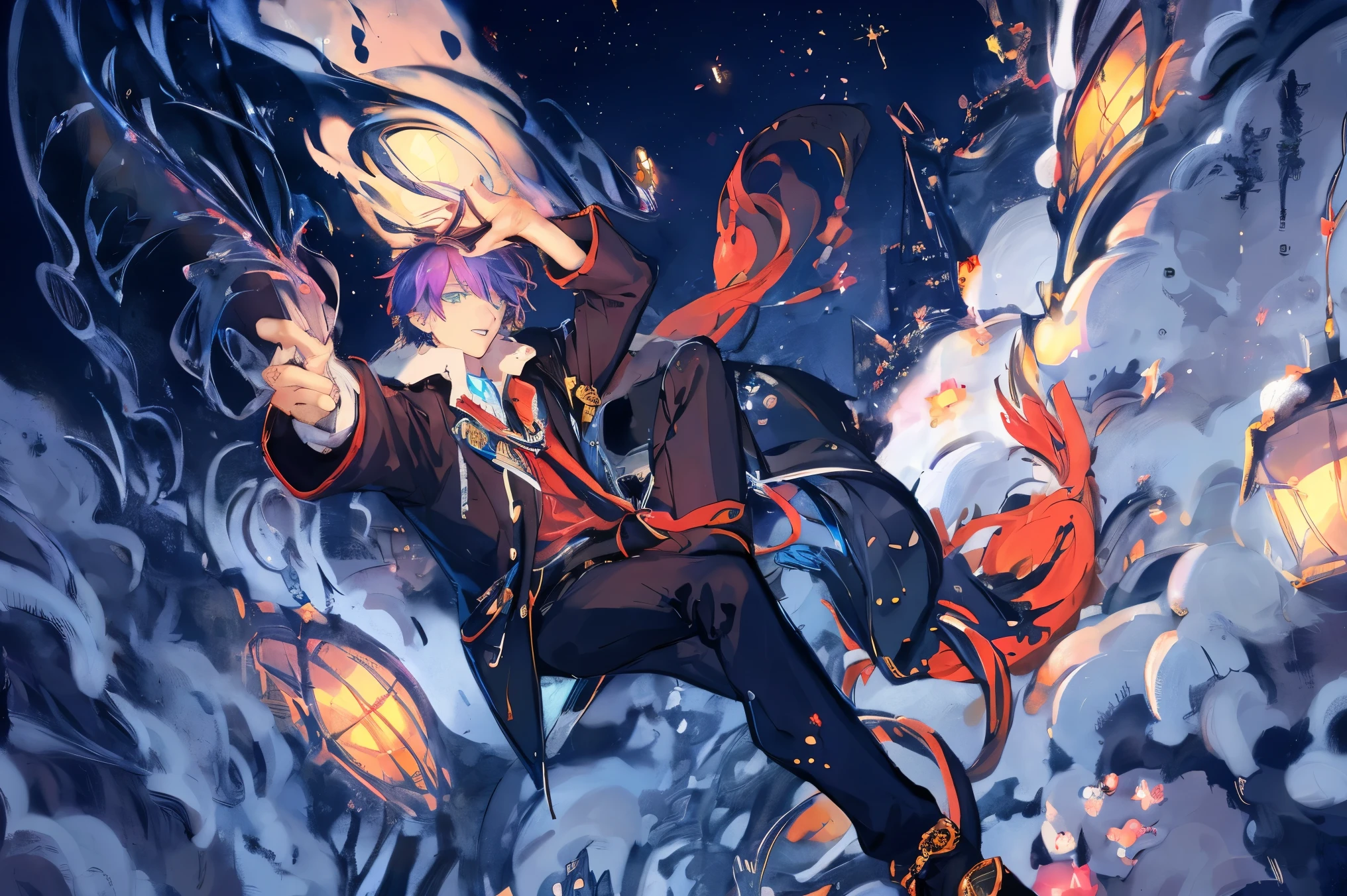 (Masterpiece:1.2, high quality), (pixiv:1.4), 1 man with short purple hair, tall handsome man, fansty world