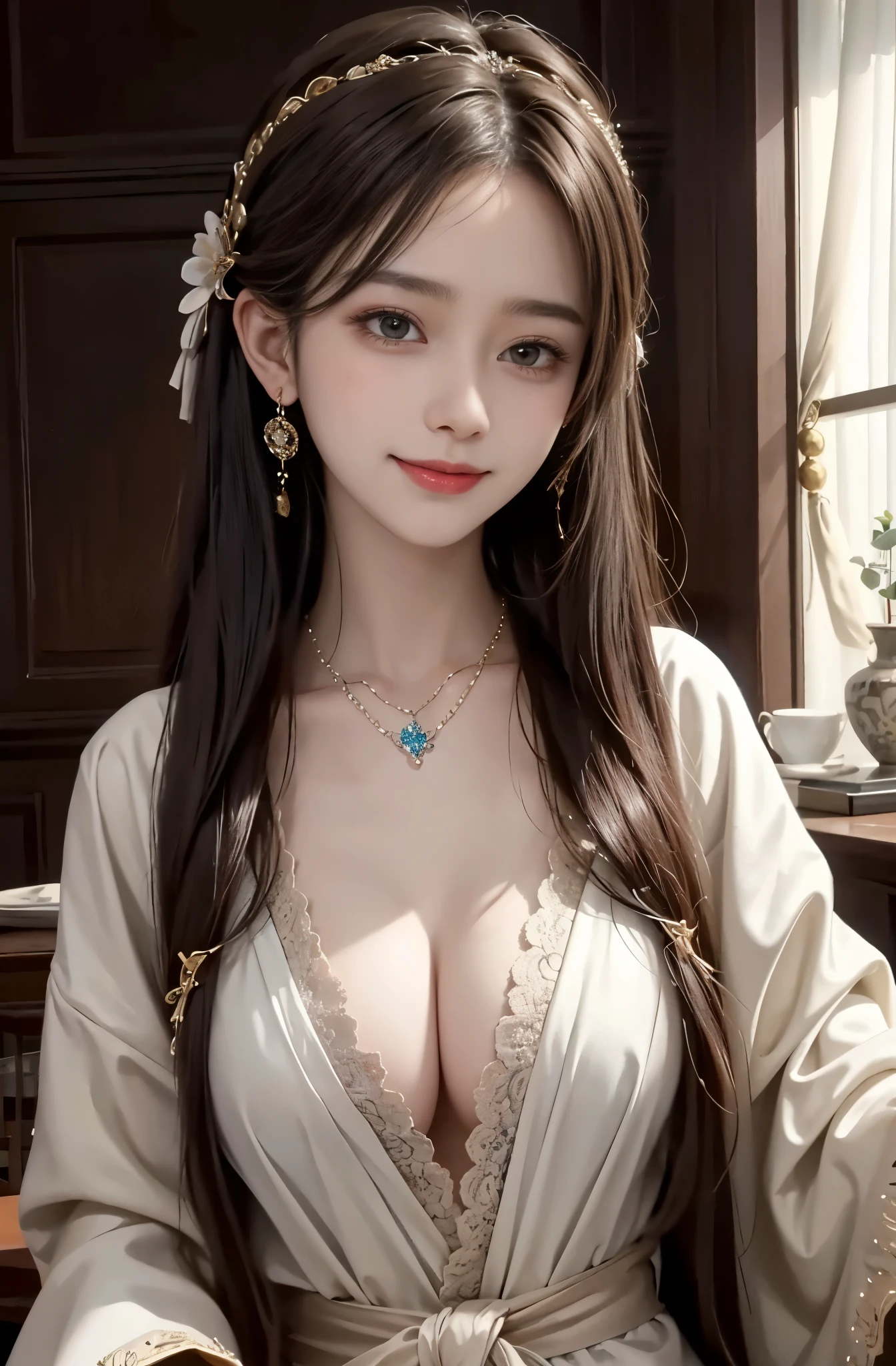 8K Ultra HD, table top, highest quality, beautiful girl, long hair, Beautiful necklaces, beautiful earrings, beautiful hair ornament,  girl, smile, Sexy, big breasts, cinematic lighting