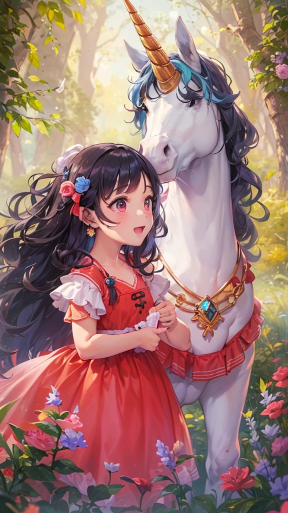 masterpiece, best quality, 16k, beautiful detailed grow, daydreaming expression:1.4, ((1 beautiful unicorn with colorful grow:1.4 and 1 human cute girl is curly long black hair, cute red eyes, cute smile in a red princess dress, pet the unicorn)), in the beautiful forest.