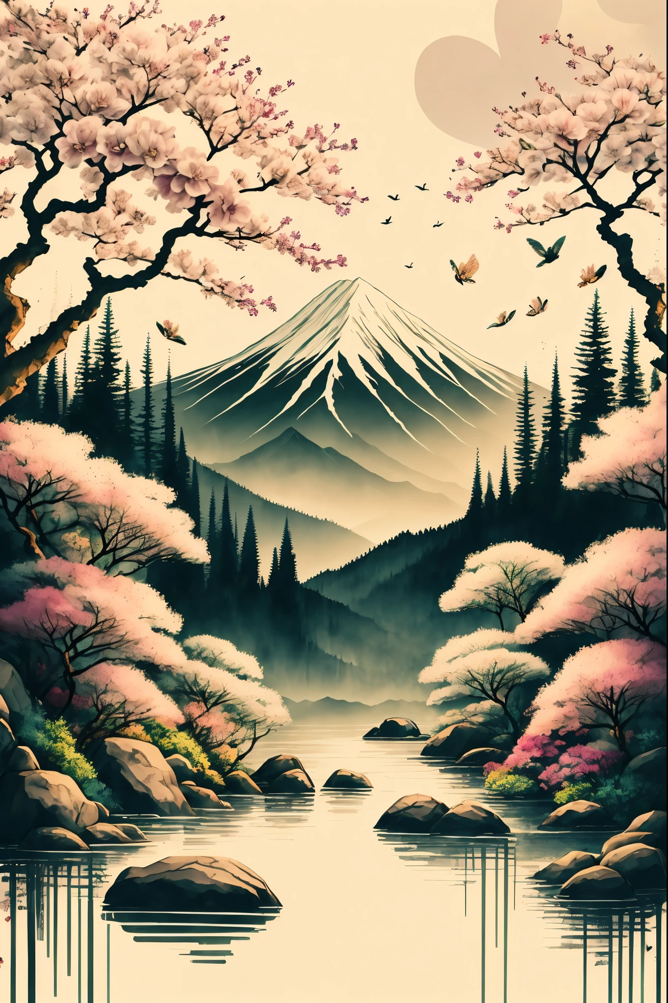 valentines day scenery, teddy bear, beautiful blossom flowers, white background, scenery, ink, mountains, water, trees -- 2475px * 1155px