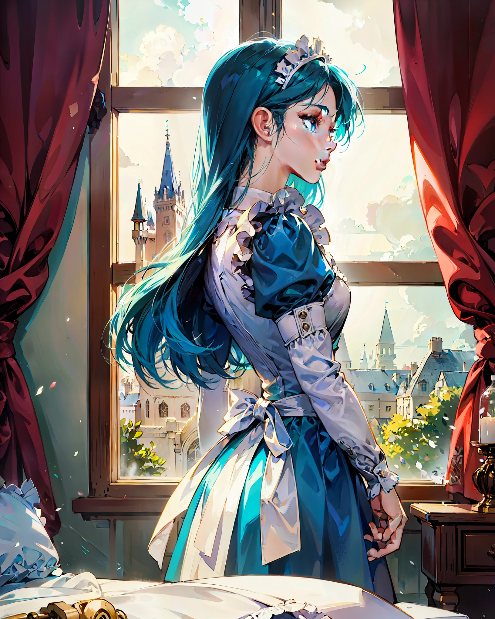 an anime girl in a maid costume window she opens the curtains, castle, renaissance, in the style of retro-pop, soft-focus portraits, anime aesthetic 8k, Tilt-shift lens, Profile Gaze, uhd