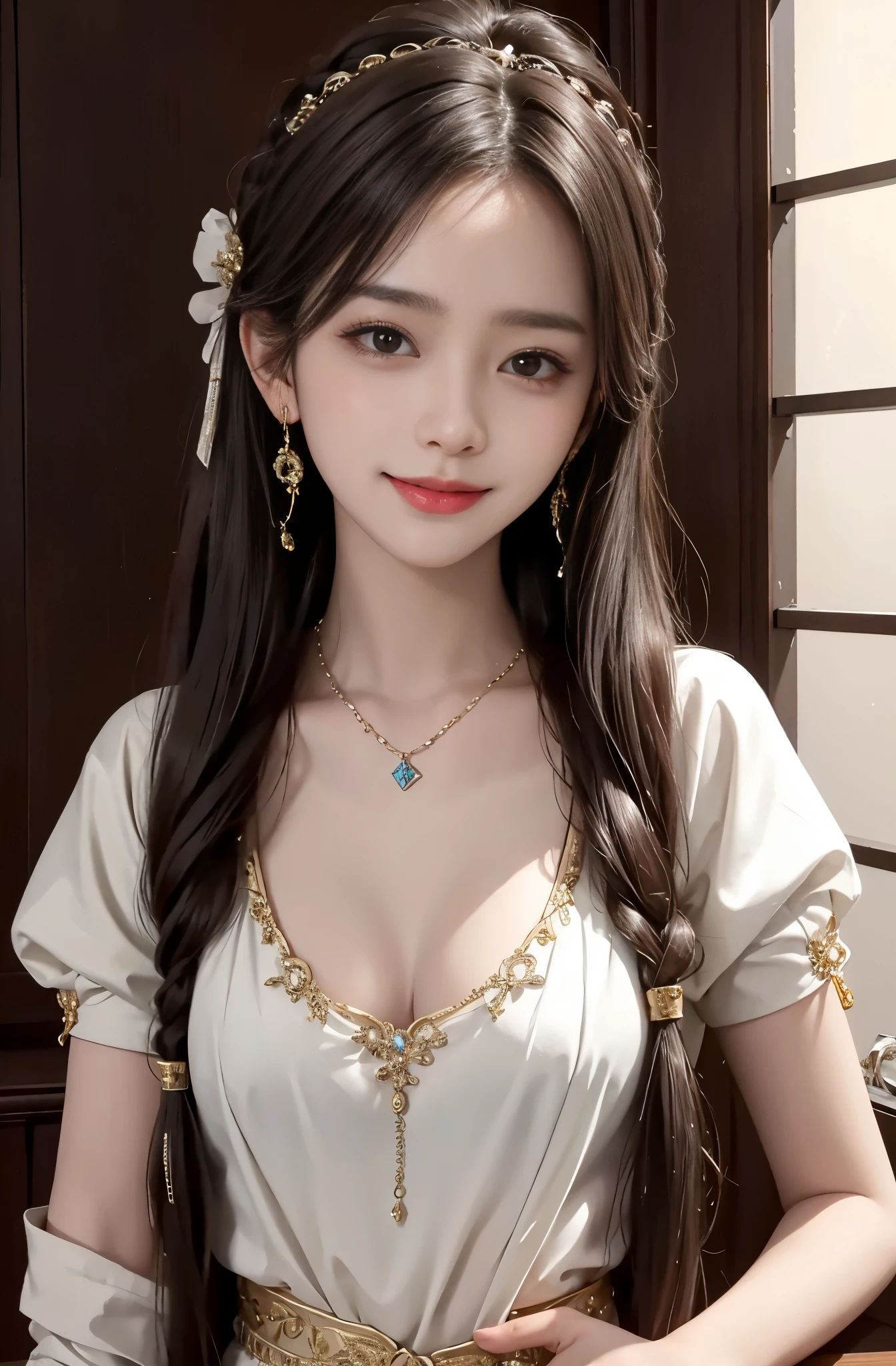 8K Ultra HD, table top, highest quality, beautiful girl, long hair, Beautiful necklaces, beautiful earrings, beautiful hair ornament, 17 year old girl, smile, Sexy, big breasts, cinematic lighting