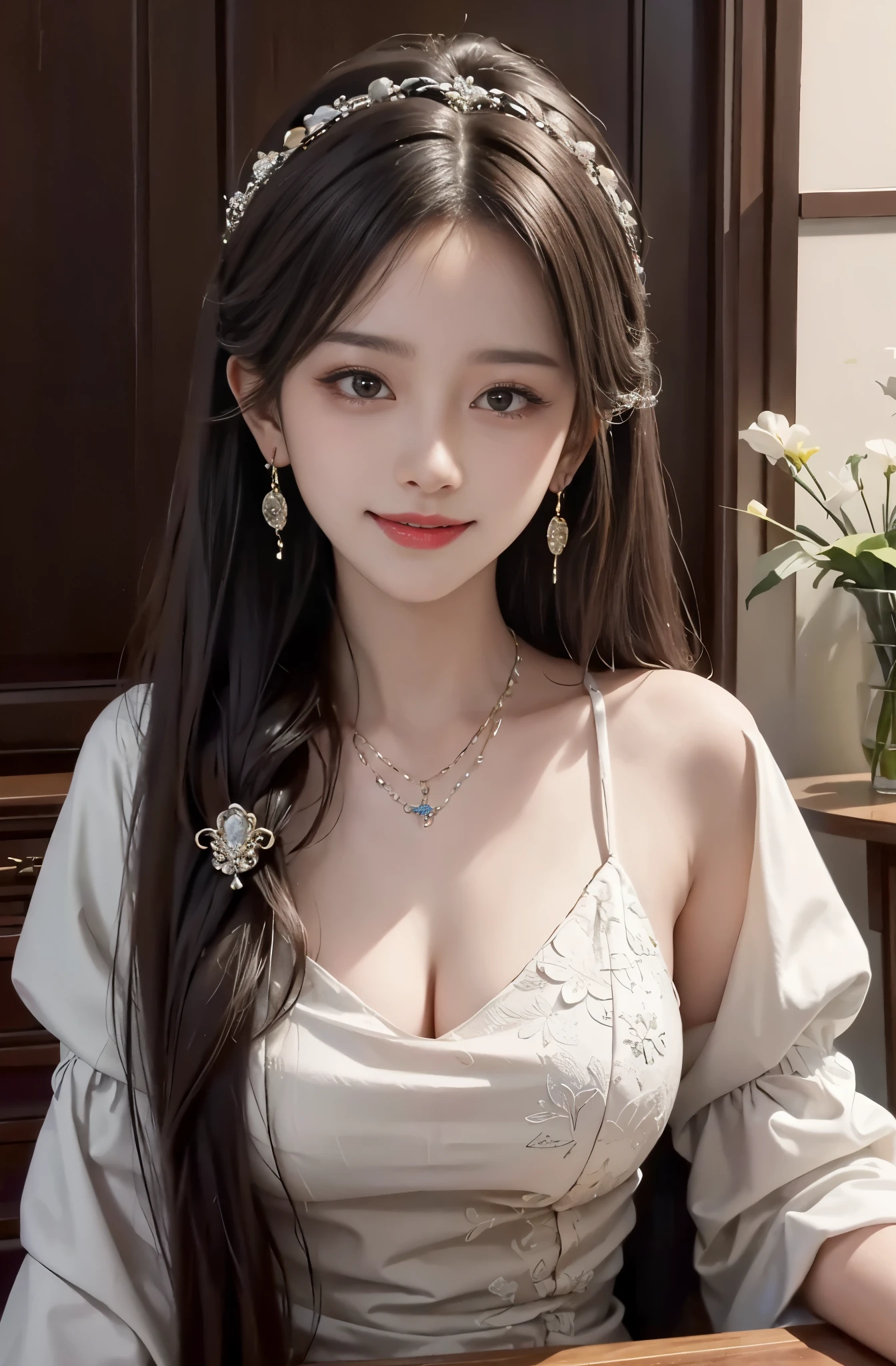 8K Ultra HD, table top, highest quality, beautiful girl, long hair, Beautiful necklaces, beautiful earrings, beautiful hair ornament, 17 year old girl, smile, Sexy, big breasts, cinematic lighting