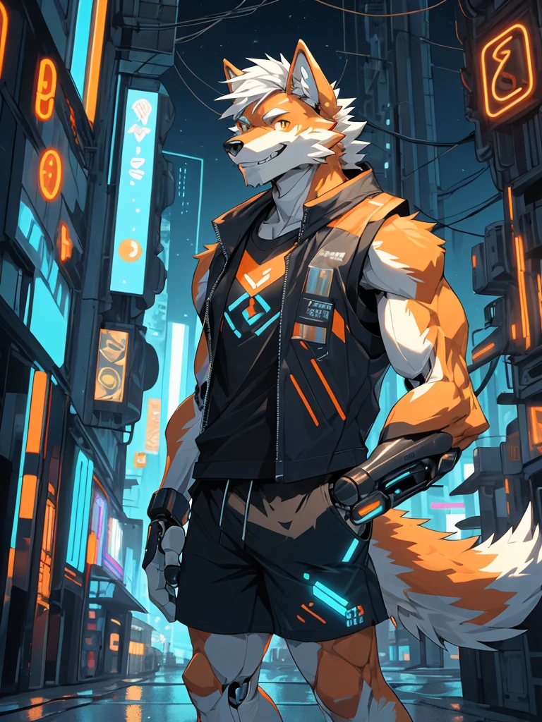 1man,Correct body structure,Correct finger structure,Correct pupil structure,single person, ((orange fur)), orange wolf, strong, white hair, smile, brown pupils, wolf tail, Medium length hair, City, night, neon, cyberpunk style, robotic arm, sleeveless vest, baggy shorts