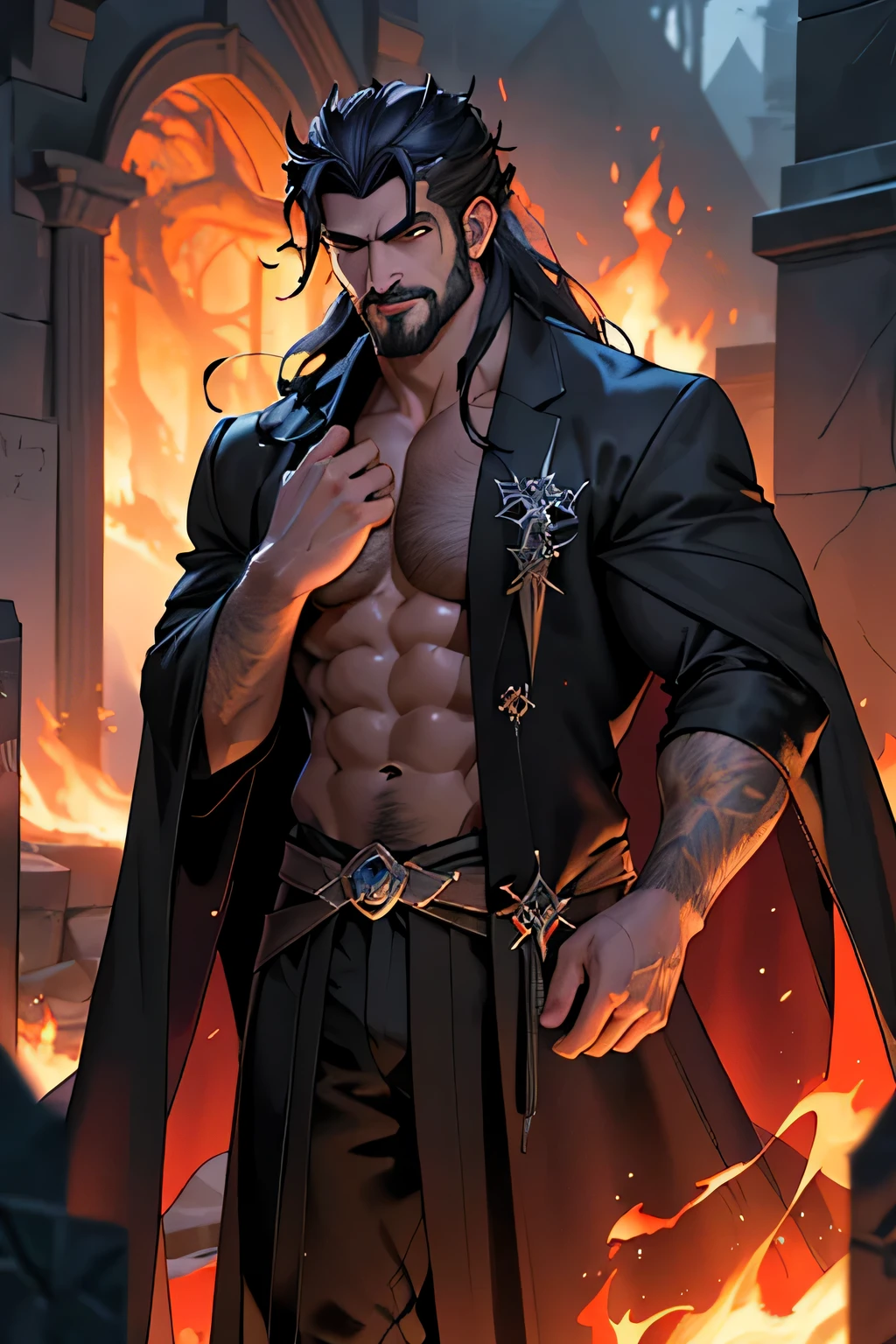 Best quality, masterpiece, ultra high res, detailed background, realistic, hades style, solo, male, mature, bara, muscular, shirtless, mature male, long hair, facial hair, wizard, dragon sorcerer, graveyard, treasurew, fire, horror \(theme\),dark fantasy, evil, overcoat, depth of field