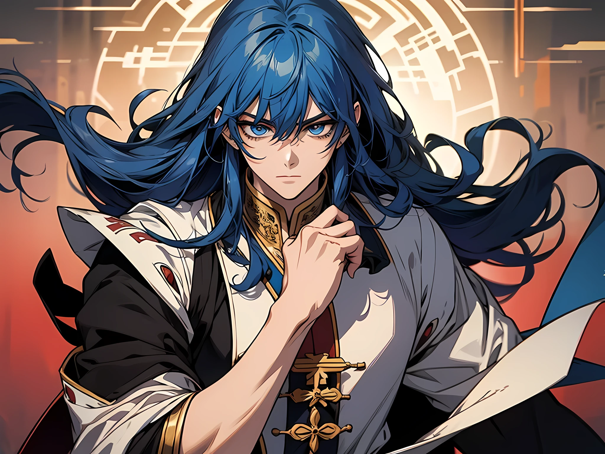 1 man, prince, wearing han dynasty outfit, long hair, blue hair, detailed eyes, face to detail, the background is chinese empire, perfect hands, full-body illustration